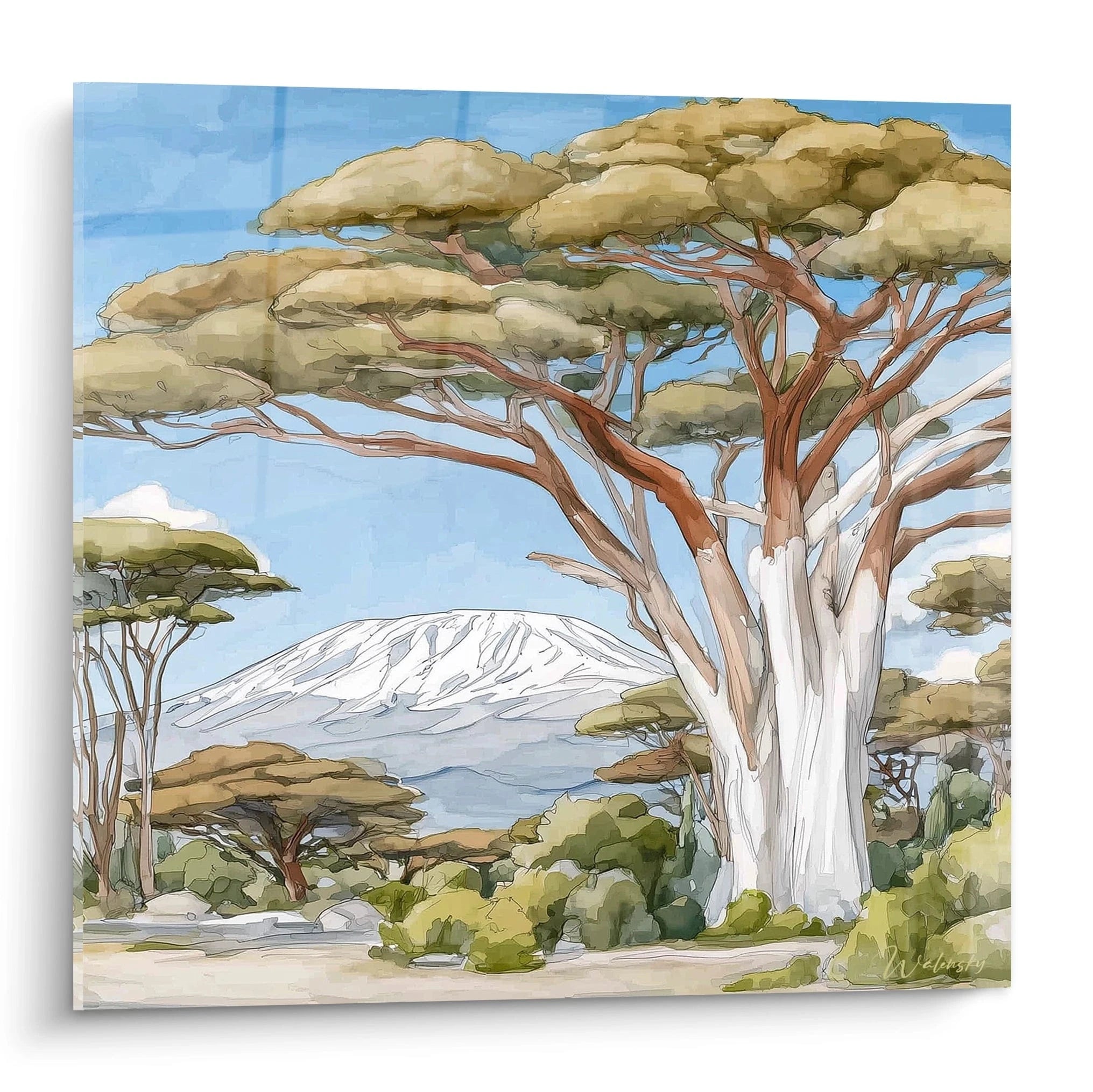 Tableau mural baobab africain avec des arbres majestueux et le Mont Kilimandjaro en arrière-plan