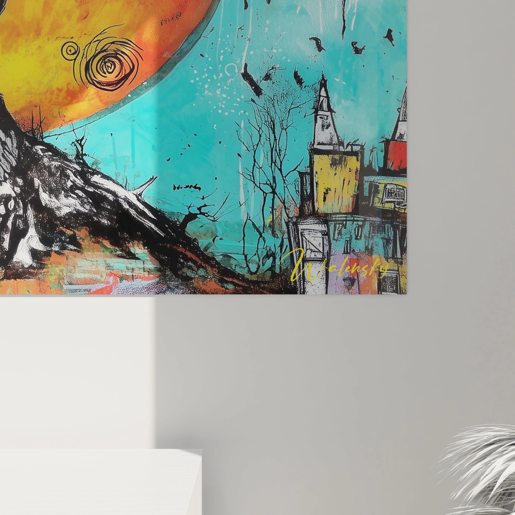 Tableau mural baobab paysage africain coloré avec un ciel vibrant et des silhouettes de bâtiments