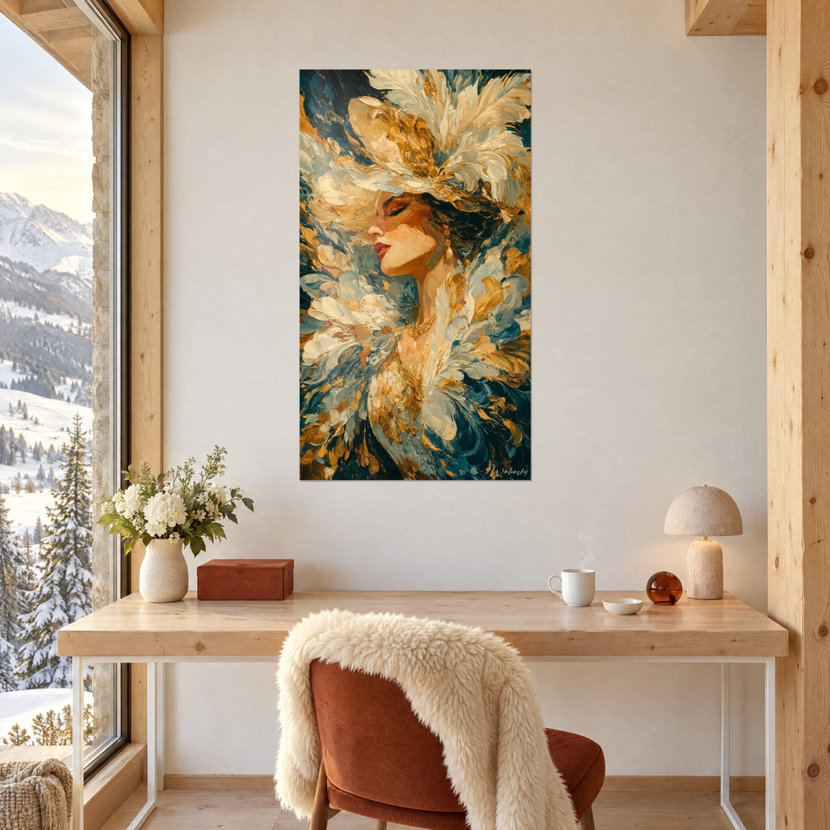 Cuadro mujer con gran sombrero de plumas, rostro sonrosado y toques dorados sobre azul oscuro, escritorio de madera clara de chalet
