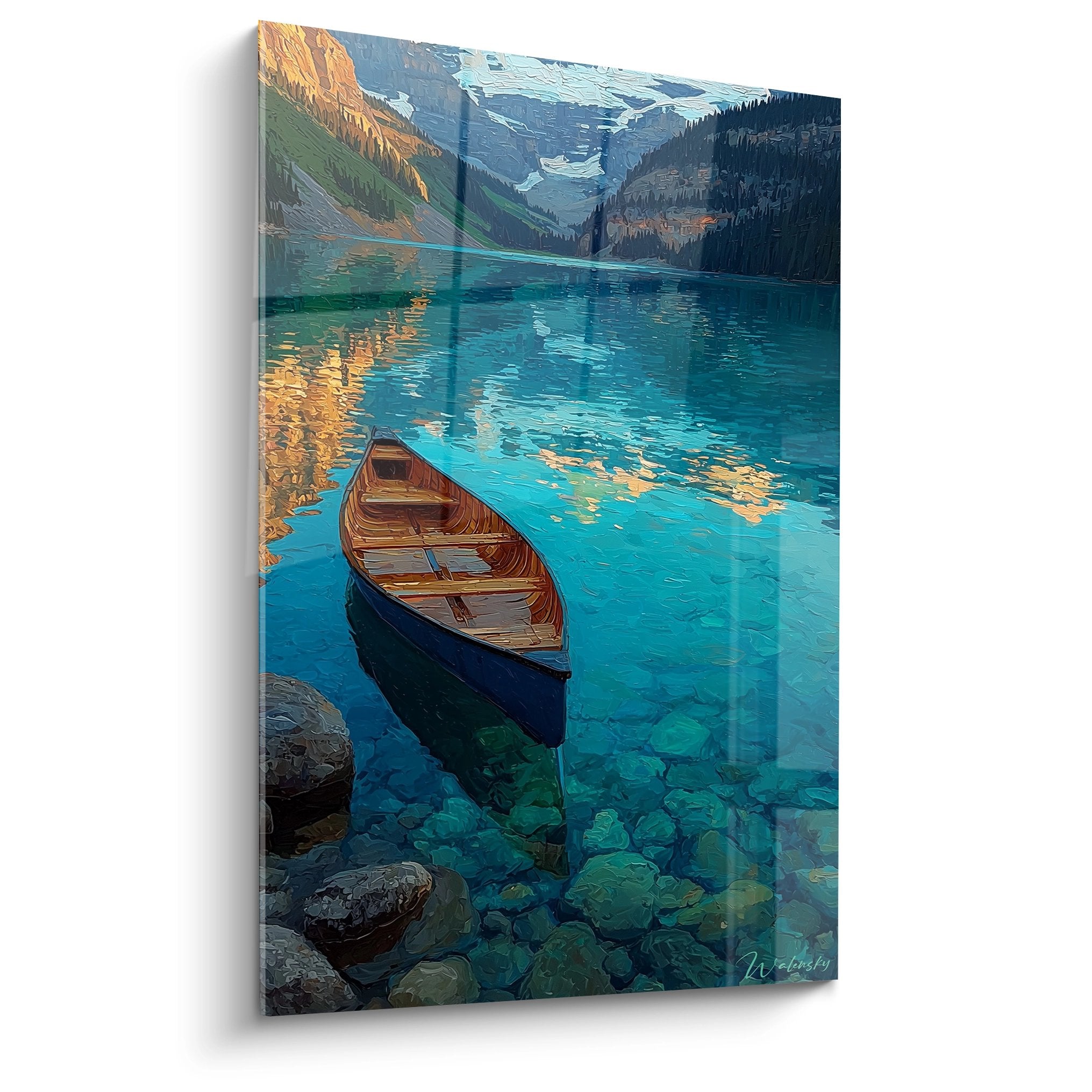 Tableau barque bois sur lac montagne eaux turquoise reflets dorés paysage alpin