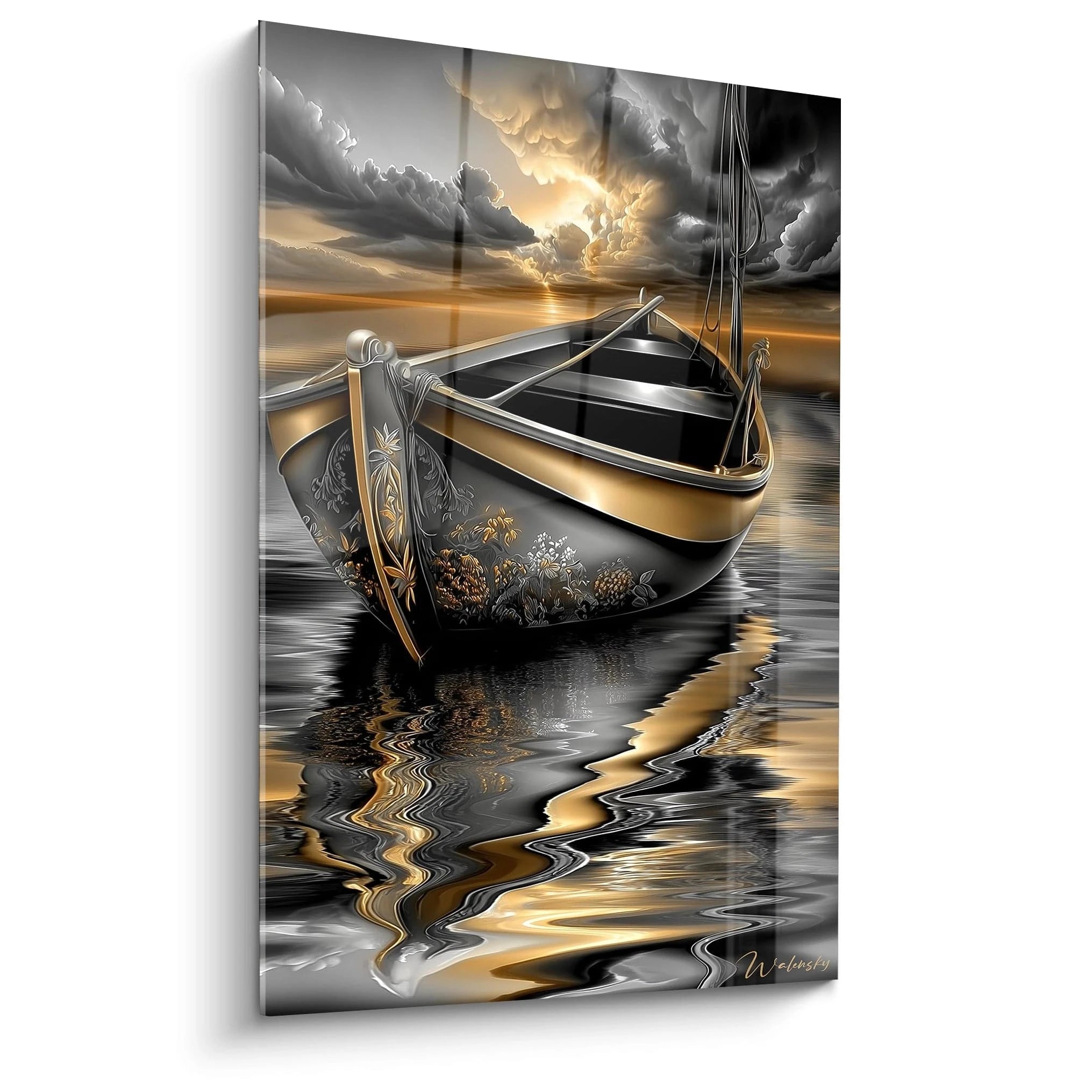 Tableau mural barque ornementée aux reflets dorés sur eau calme édition or noir art maritime