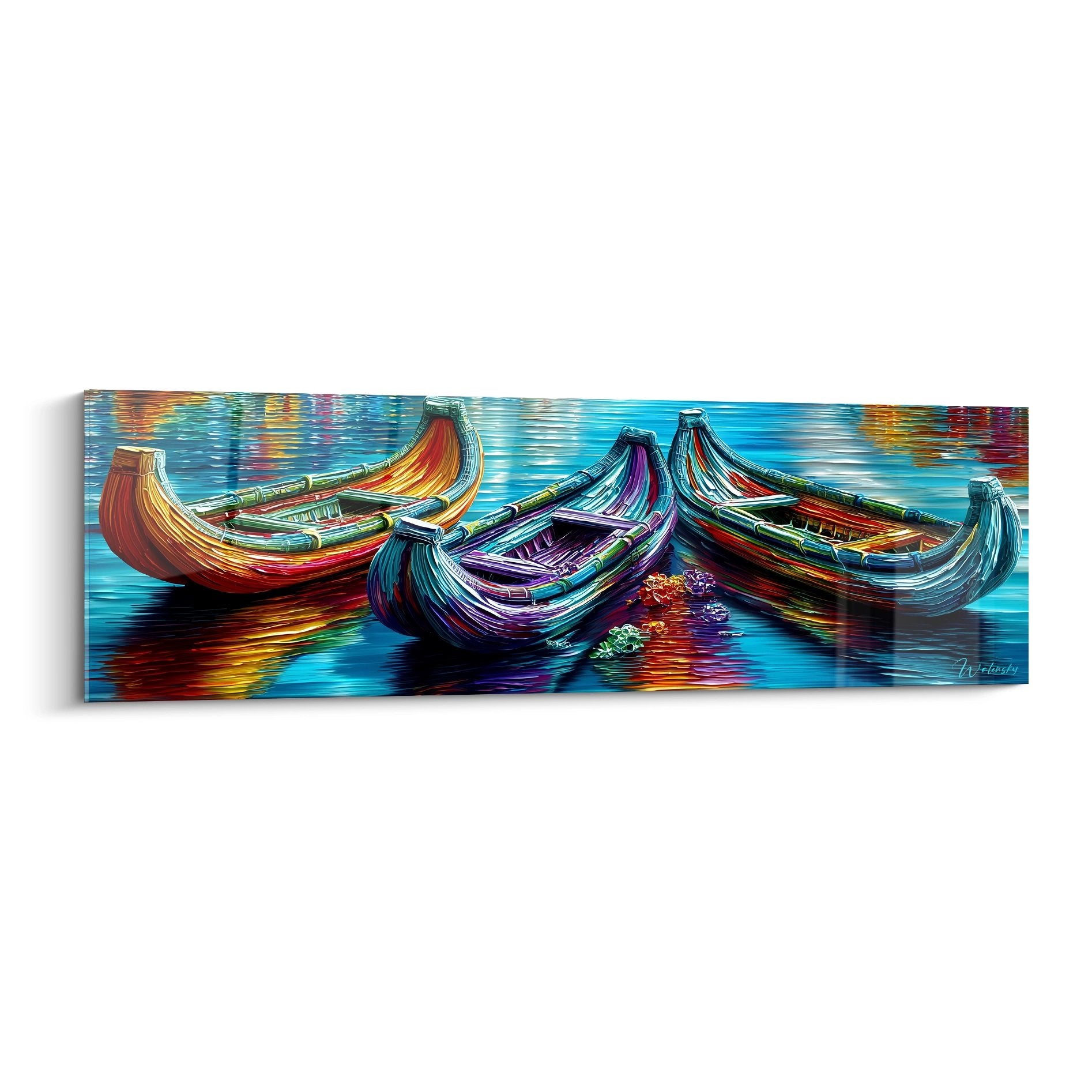 Tableau mural barques colorées sur lac avec reflets aquatiques, art décoratif moderne aux couleurs vibrantes