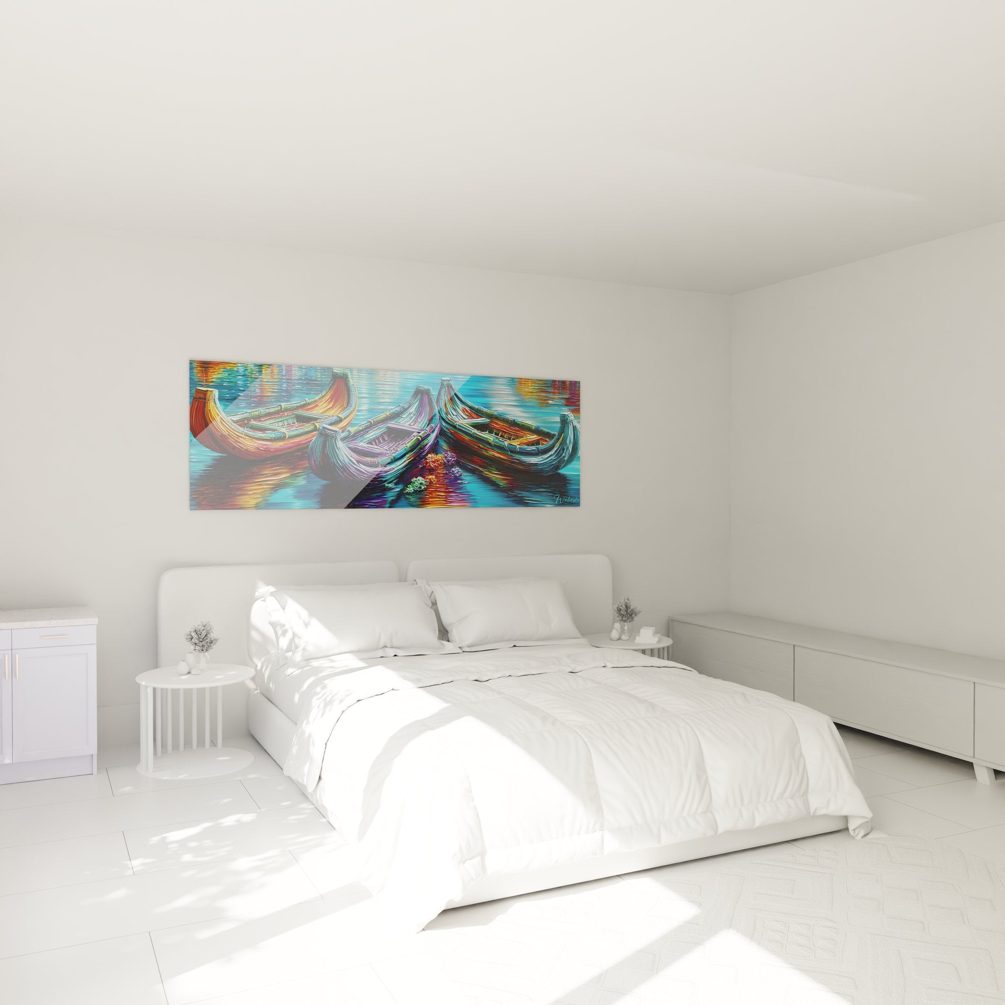 Tableau barques lac dans chambre moderne, décoration murale aquatique aux reflets colorés sur mur blanc