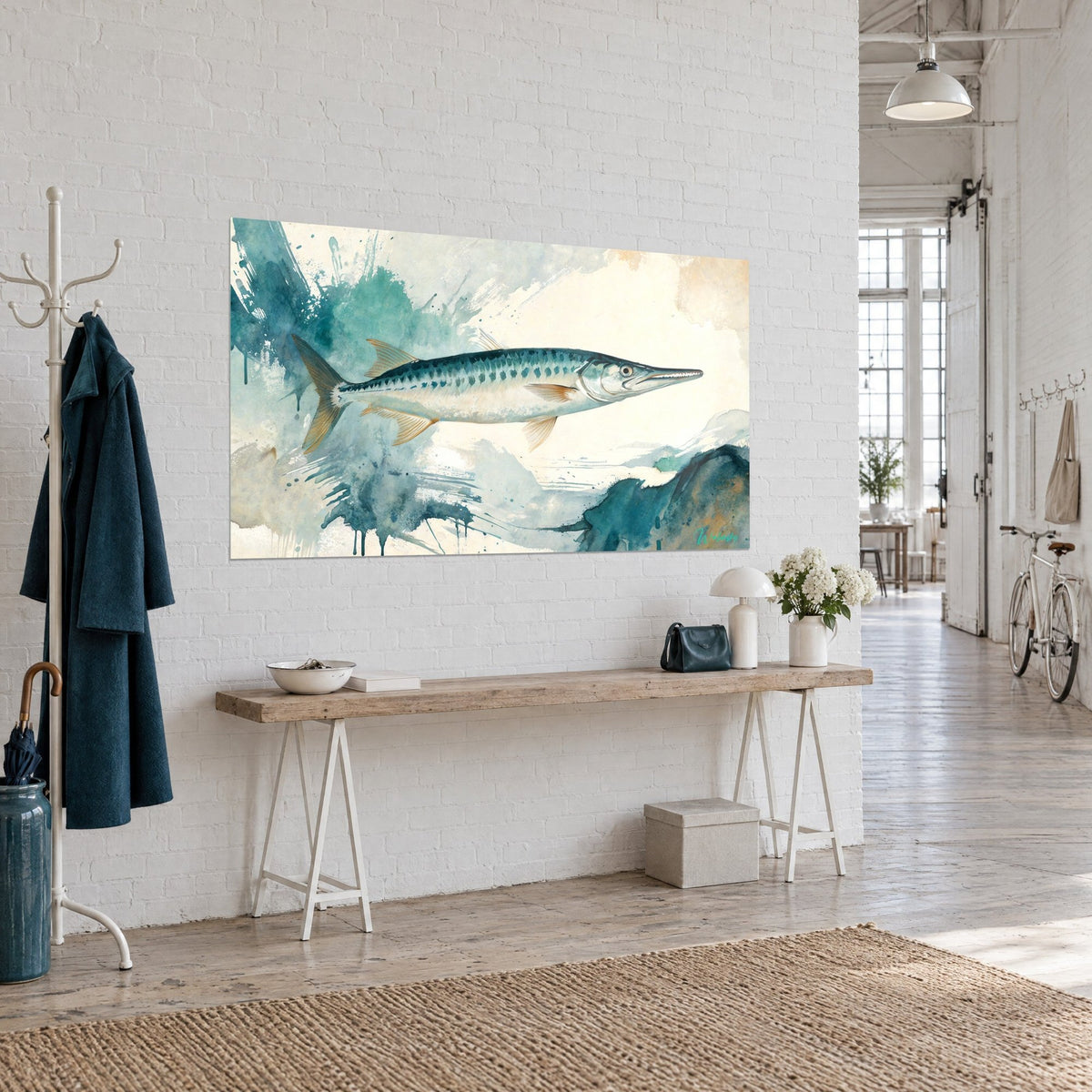 Wall art of a fish with a tapered snout, blue back and ivory belly, watercolor hung on the white wall of a loft, three-quarter view