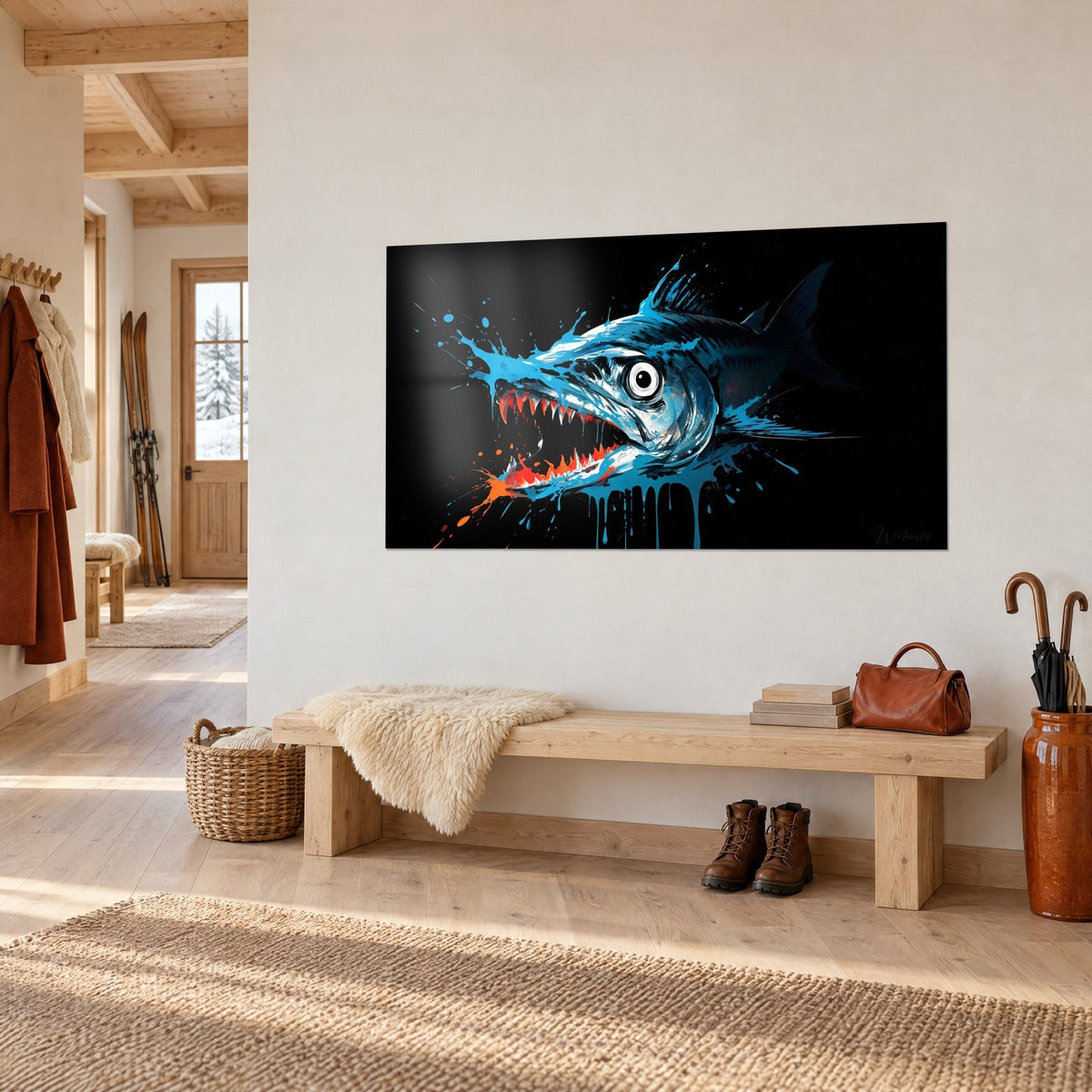 Wall art steel-blue predatory fish, jaws wide open with orange flames, hung in a chalet entryway above a wooden bench