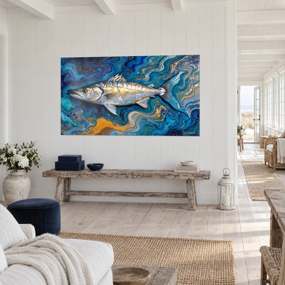 Wall art fish with silver scales on a turquoise and amber background, above a raw wood console table