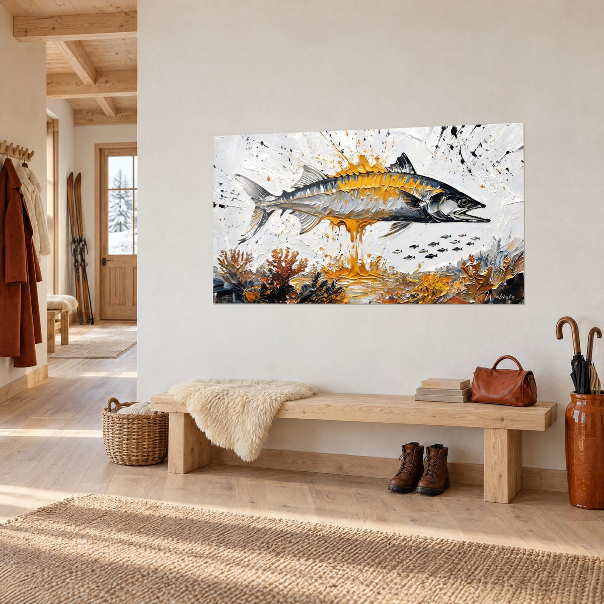 Wall art predatory fish in steel grey and saffron orange, mouth open, seen at an angle on a cream wall above a wooden bench
