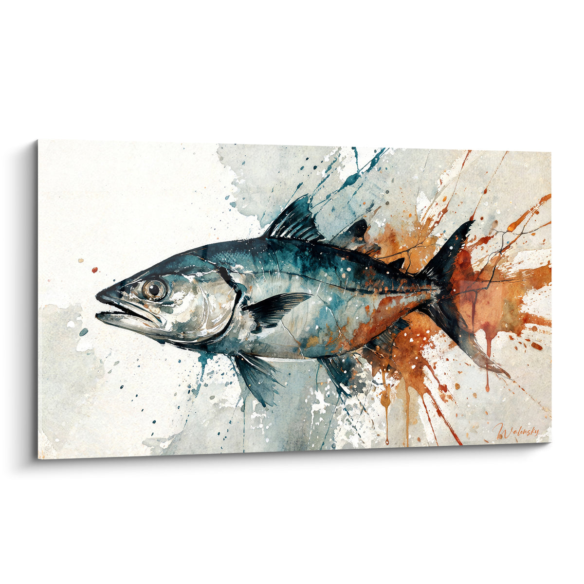 Barracuda bleu pétrole en aquarelle, éclaboussures terracotta et gris perle sur fond clair