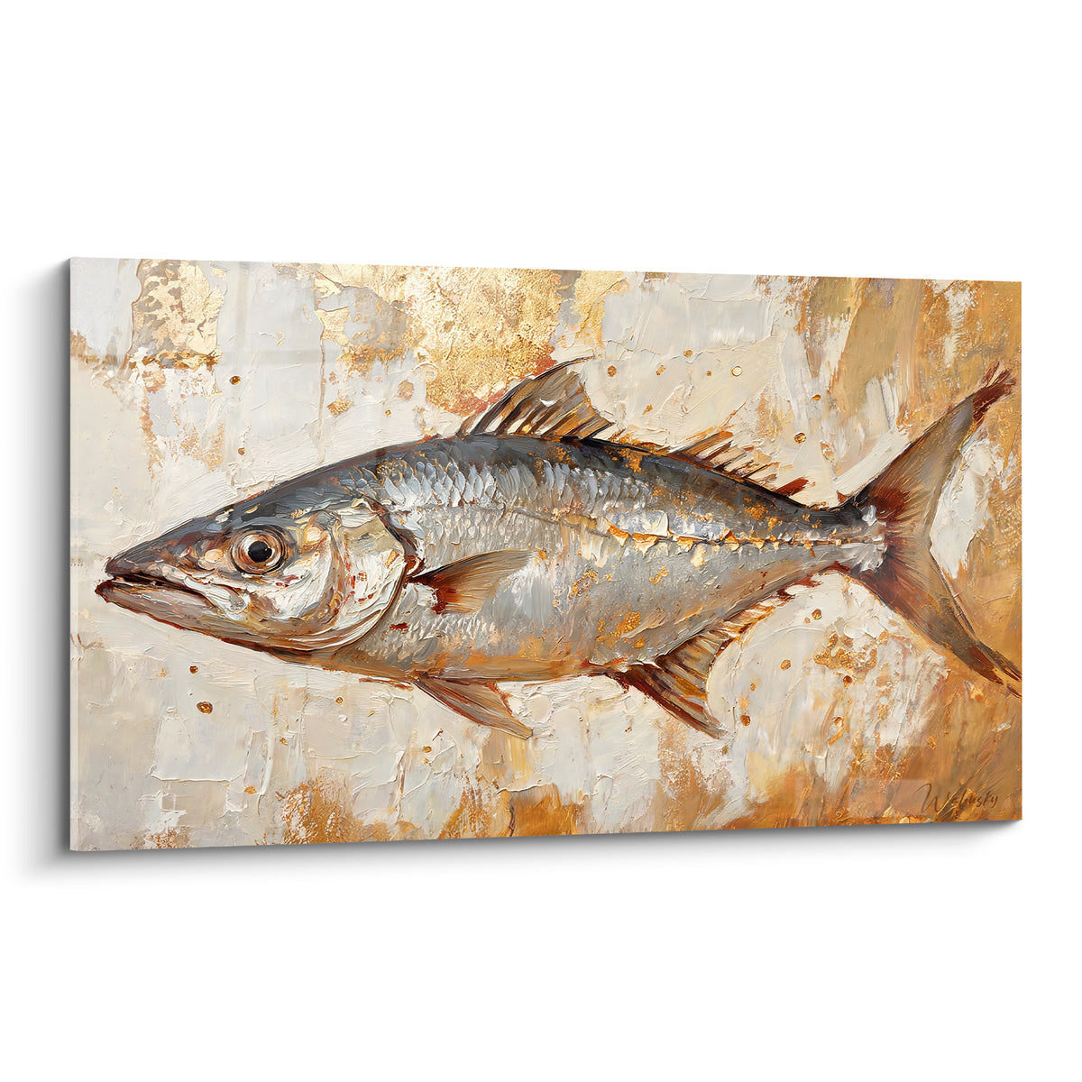 Barracuda argenté peint au couteau sur fond doré et crème texturé