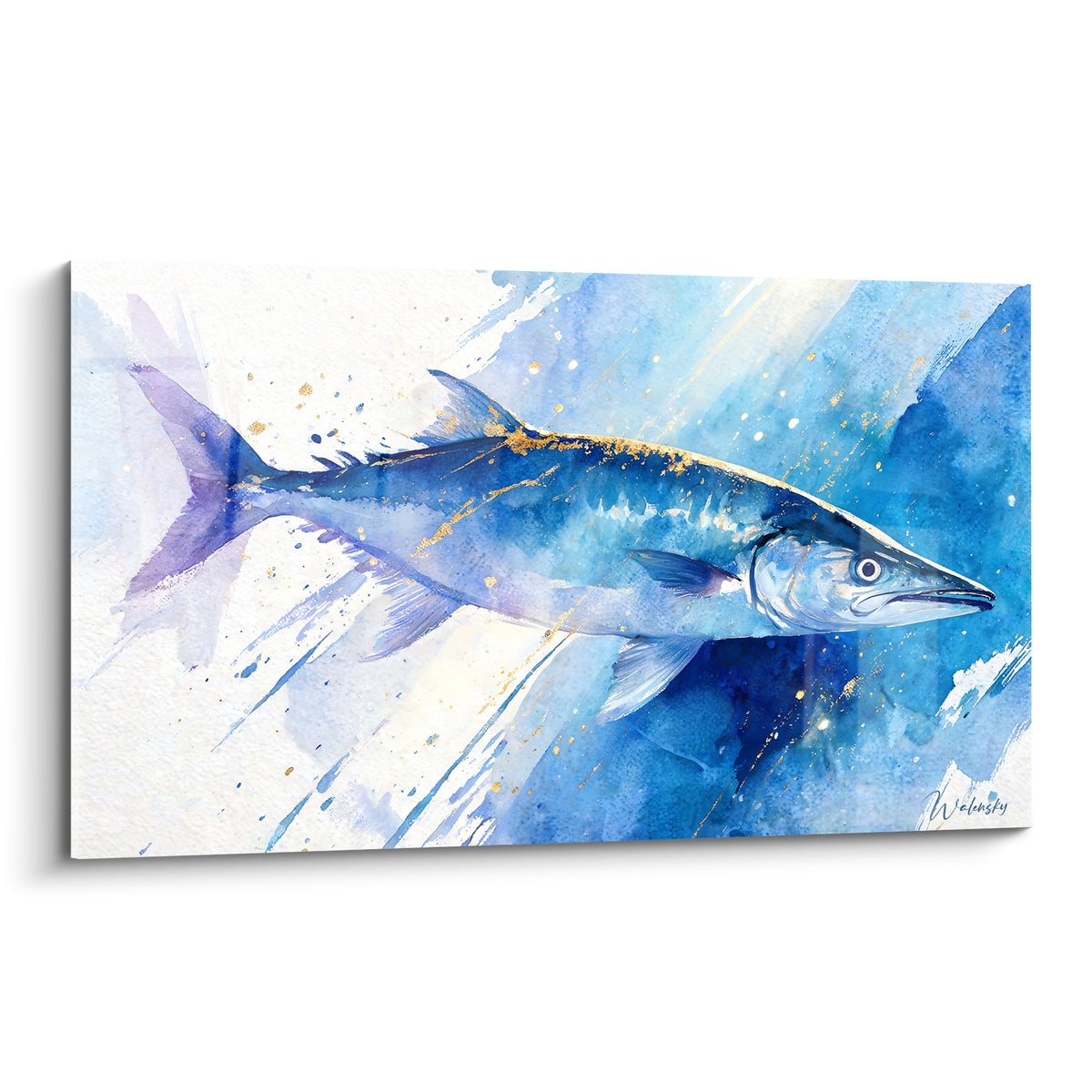 Barracuda bleu marine et doré peint en aquarelle, nageoire violette, fond blanc éclaboussé