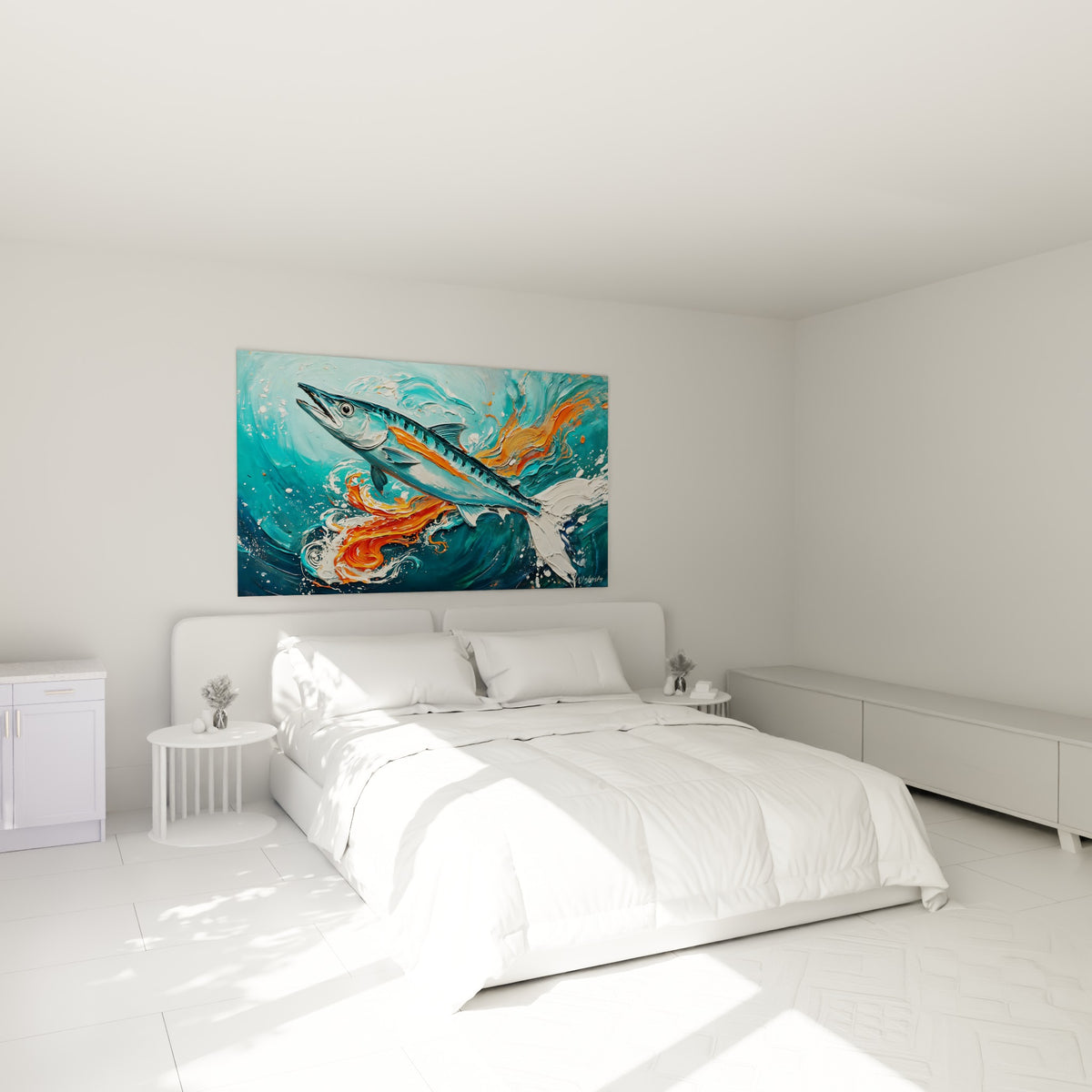 Prédateur marin bleu et orange en pleine nage, au-dessus d'un lit dans une chambre claire