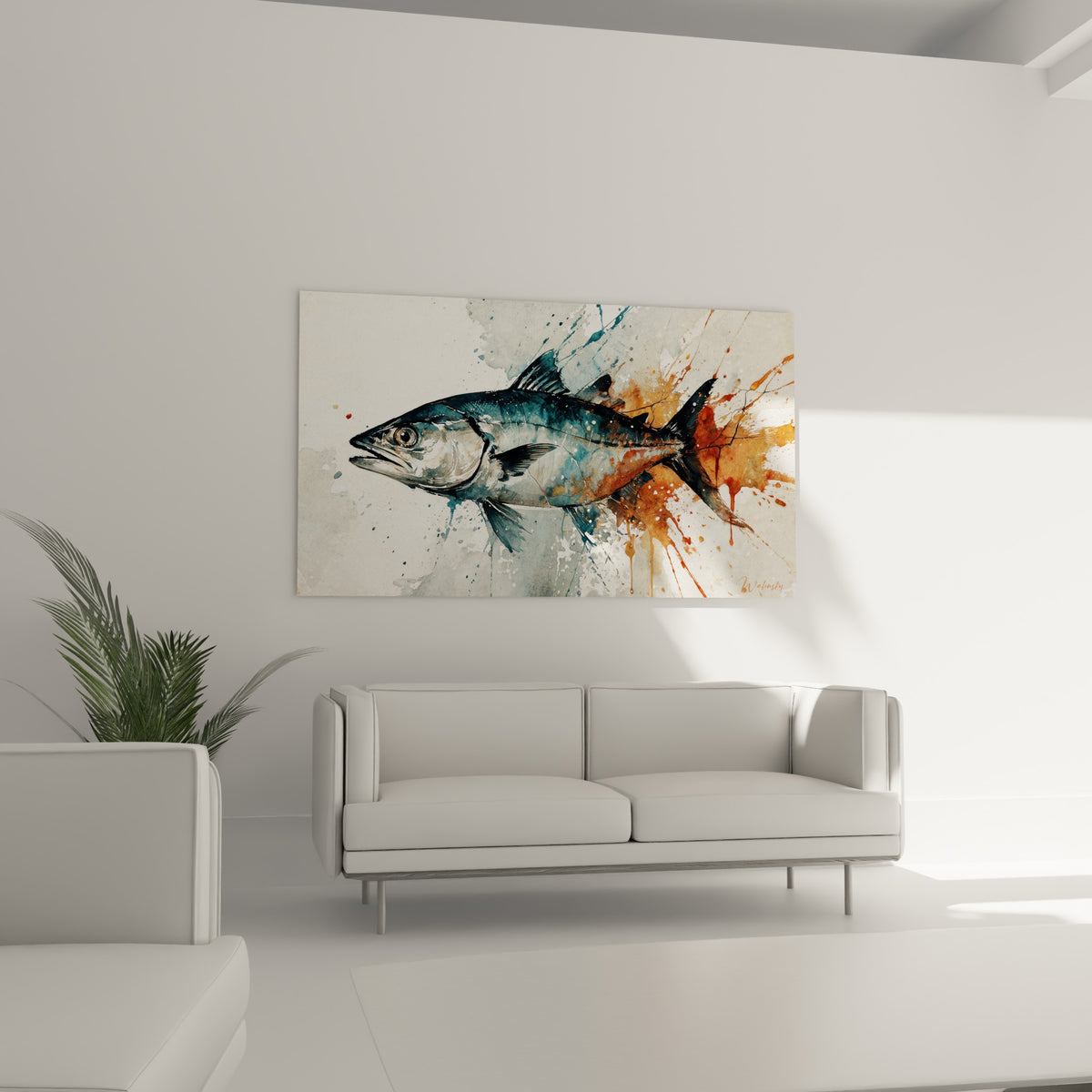 Silhouette de barracuda bleu ardoise et orange brûlé, tableau accroché au-dessus d'un canapé dans un salon lumineux
