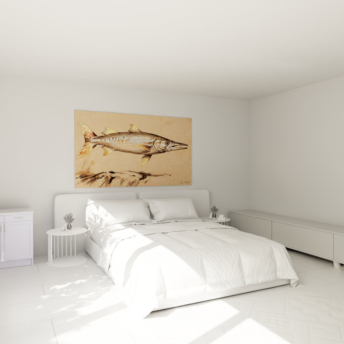 Poisson barracuda gris et orangé peint au-dessus d'un lit dans une chambre claire
