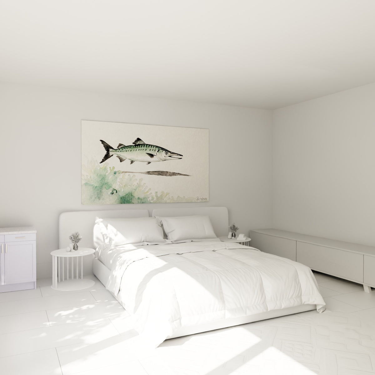 Silhouette de barracuda vert et gris nageant au-dessus d'un lit dans une chambre claire