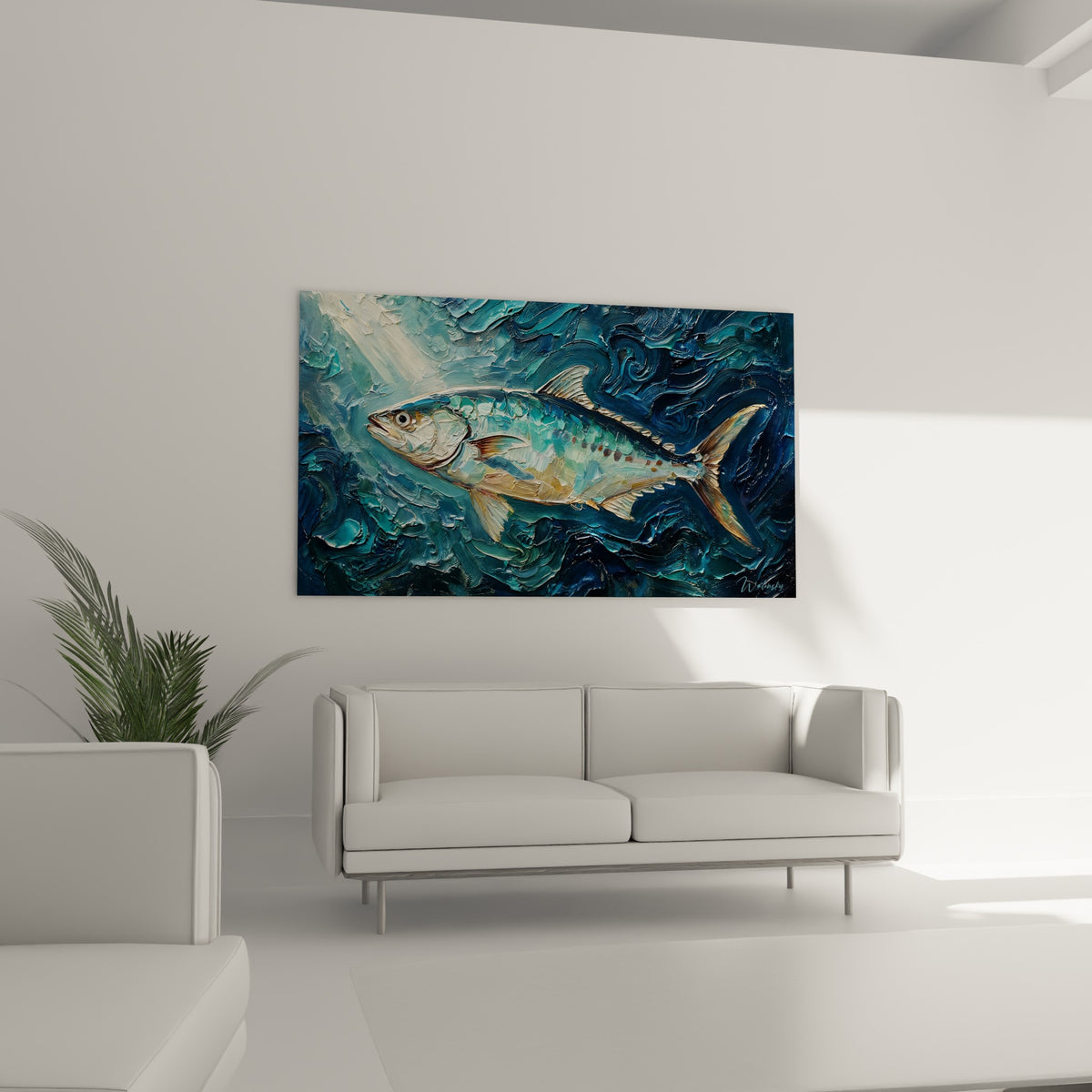 Barracuda turquoise et cuivré en pleine nage, suspendu au-dessus d'un canapé dans un salon lumineux