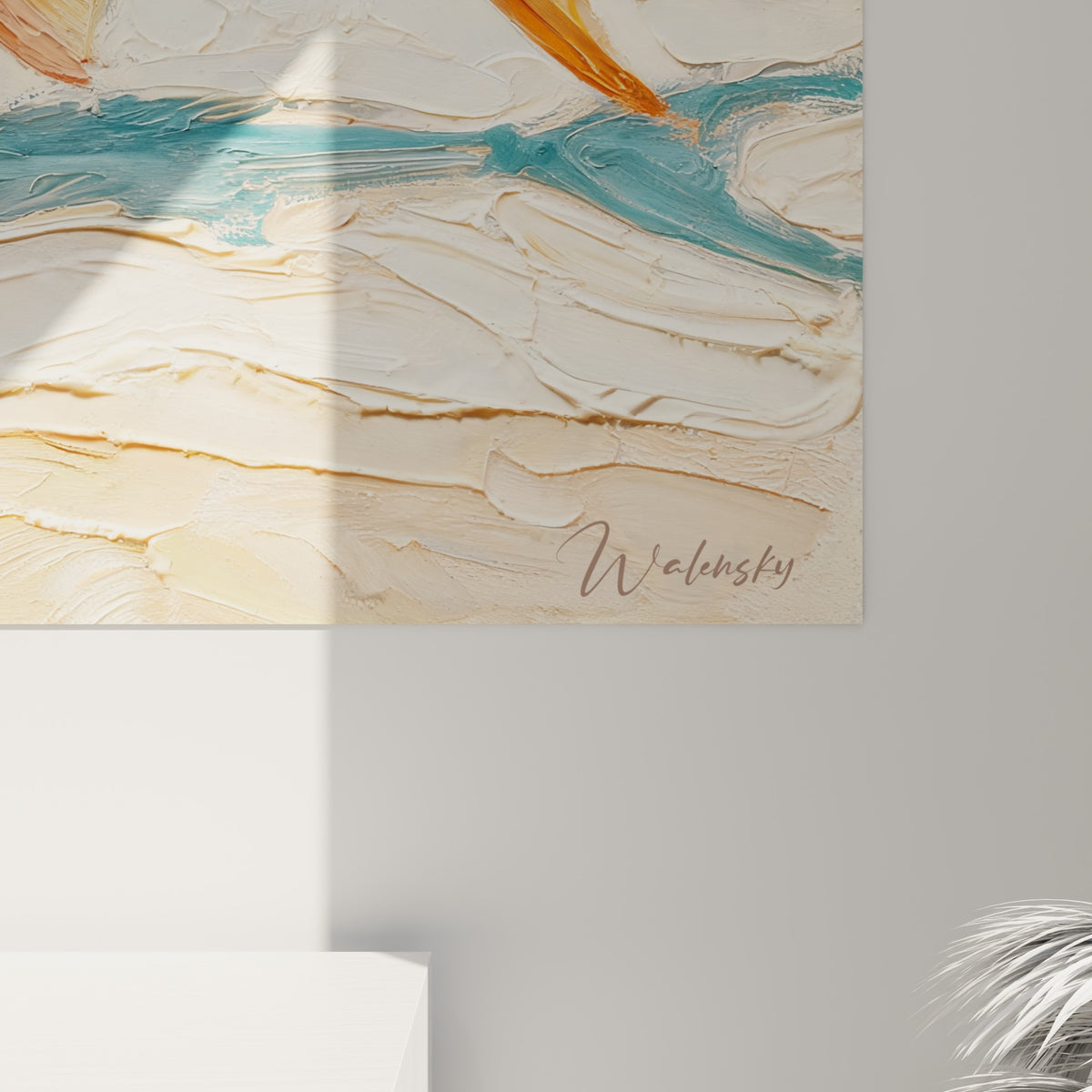 Détail des empâtements crème et orangés du barracuda révélant le grain épais de la peinture au couteau