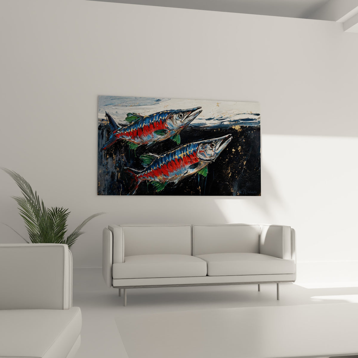 Deux barracudas dorés et rouges en diagonale, tableau disposé au-dessus d'un canapé dans un salon lumineux