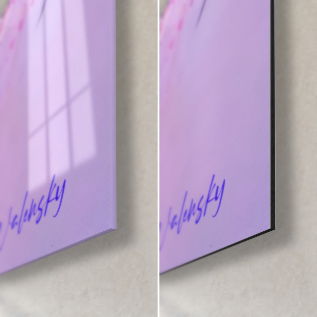 Wall art of a barracuda in mauve splashes, bottom right corner: glossy glass with reflections, matt black Dibond aluminium, 3 mm edge