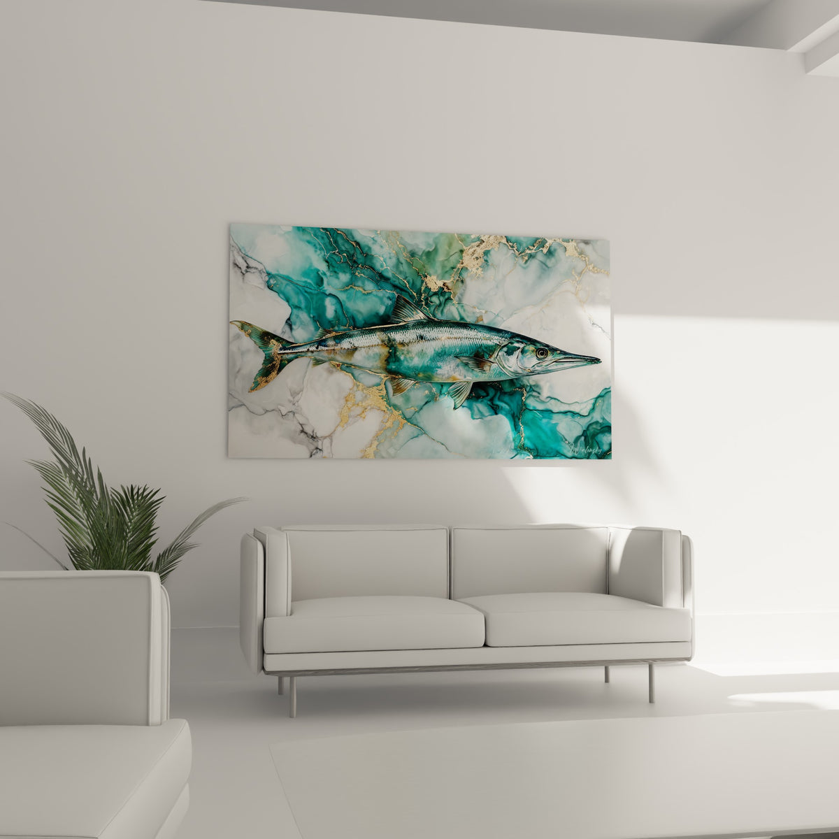 Silhouette effilée du barracuda argenté sur fond doré et turquoise, au-dessus d'un canapé dans un salon lumineux