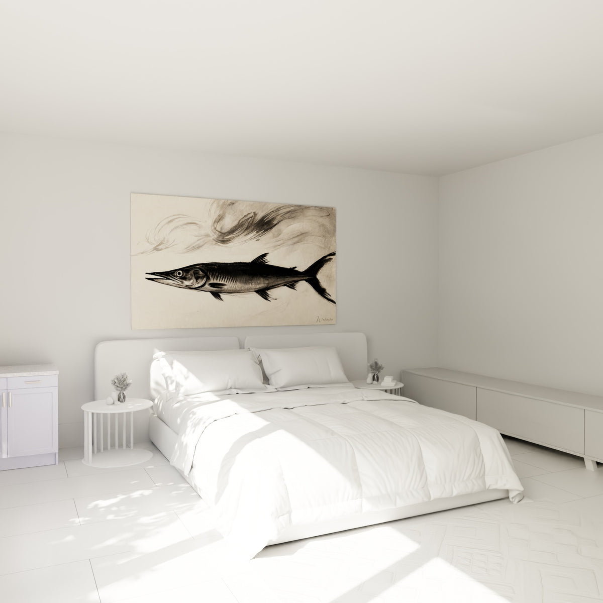 Poisson barracuda anthracite au trait vif, sillage gris estompé, au-dessus d'un lit dans une chambre claire