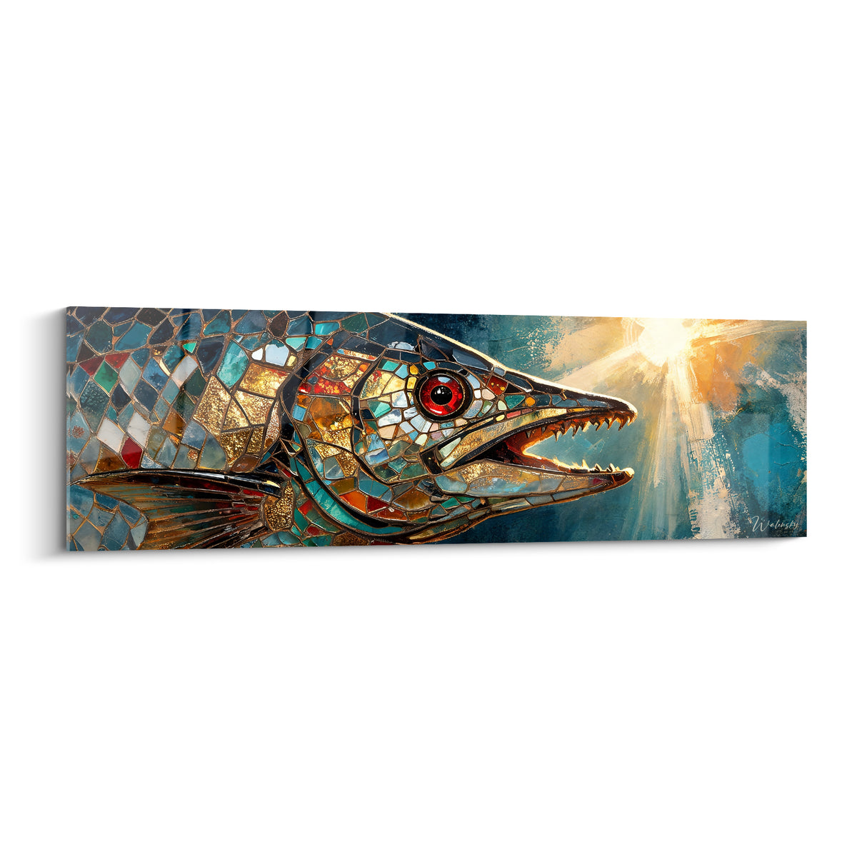Barracuda en mosaïque bleu marine et doré, gueule ouverte, œil rouge intense sous un rayon de lumière