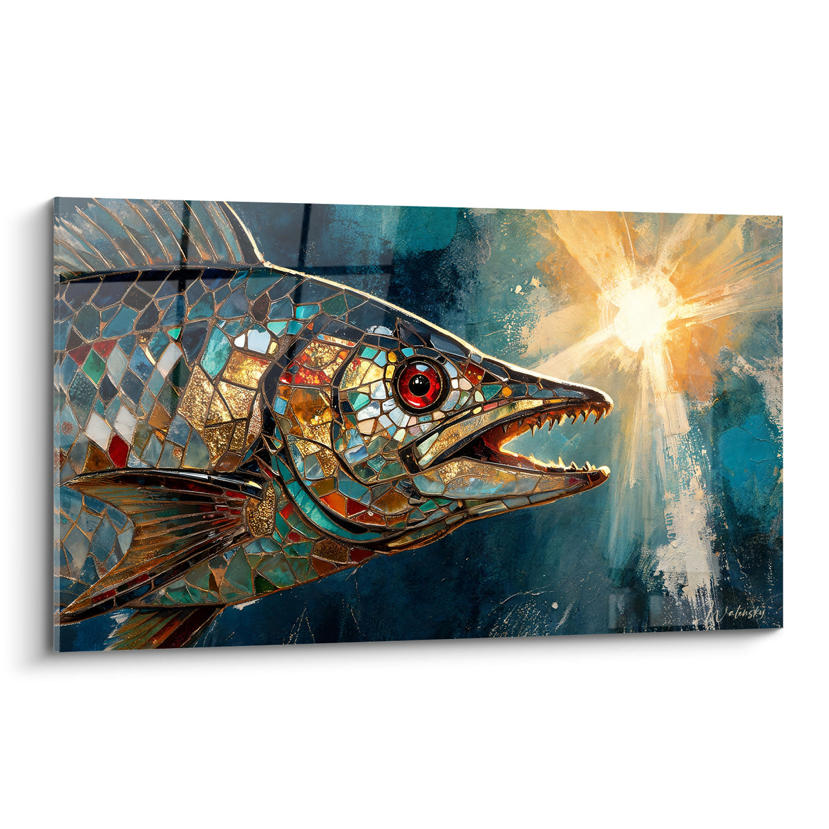 Barracuda en mosaïque bleu marine et doré, gueule ouverte vers un rayon de lumière éclatant