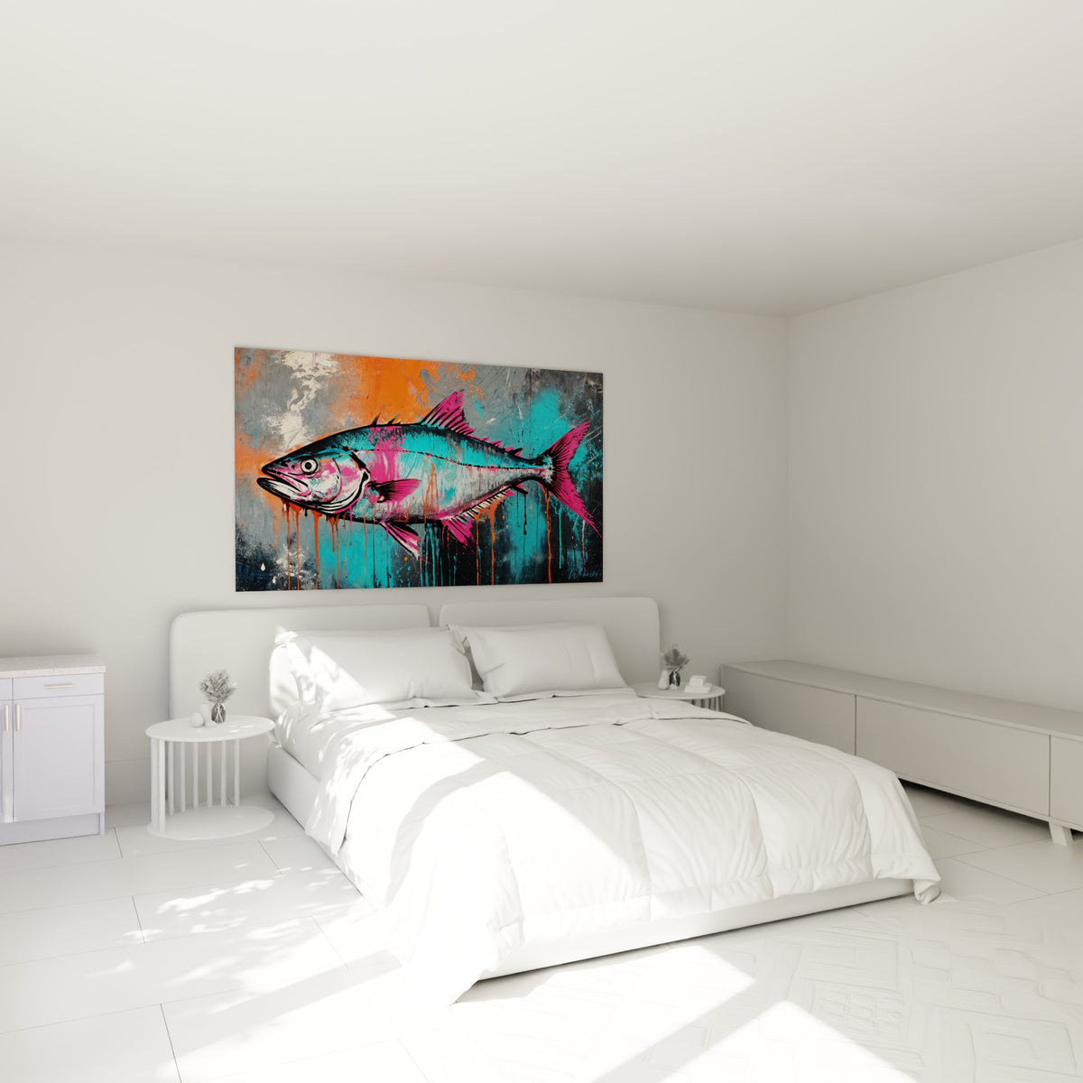 Prédateur marin turquoise et rose vif suspendu au-dessus d'un lit dans une chambre claire