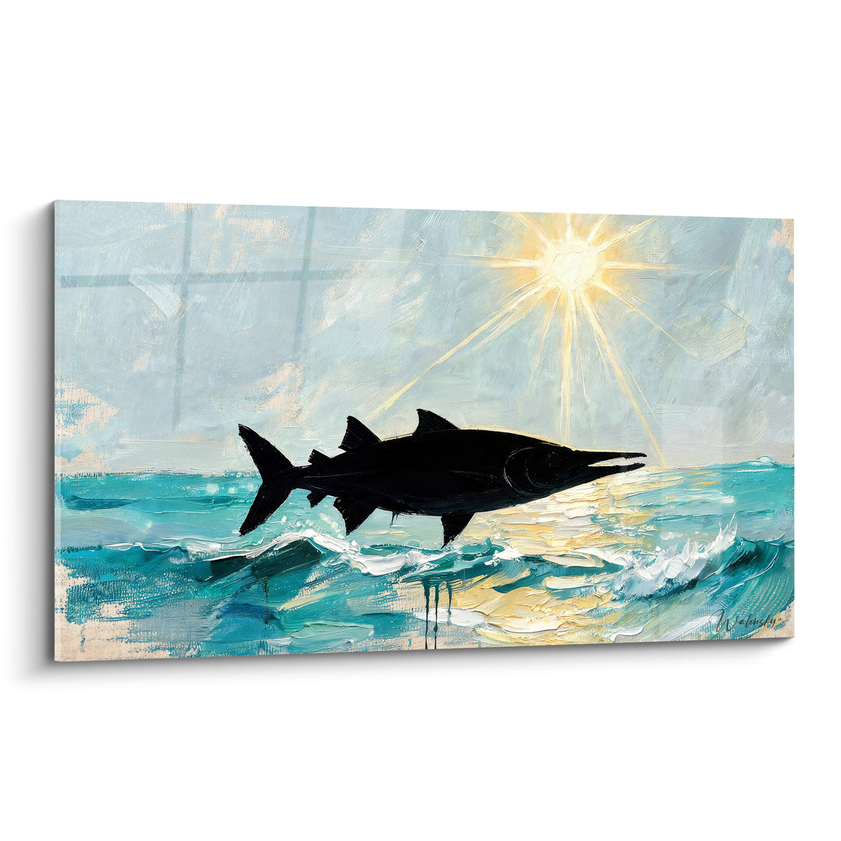 Barracuda noir jaillissant des vagues turquoise sous un soleil doré éclatant, style peinture au couteau