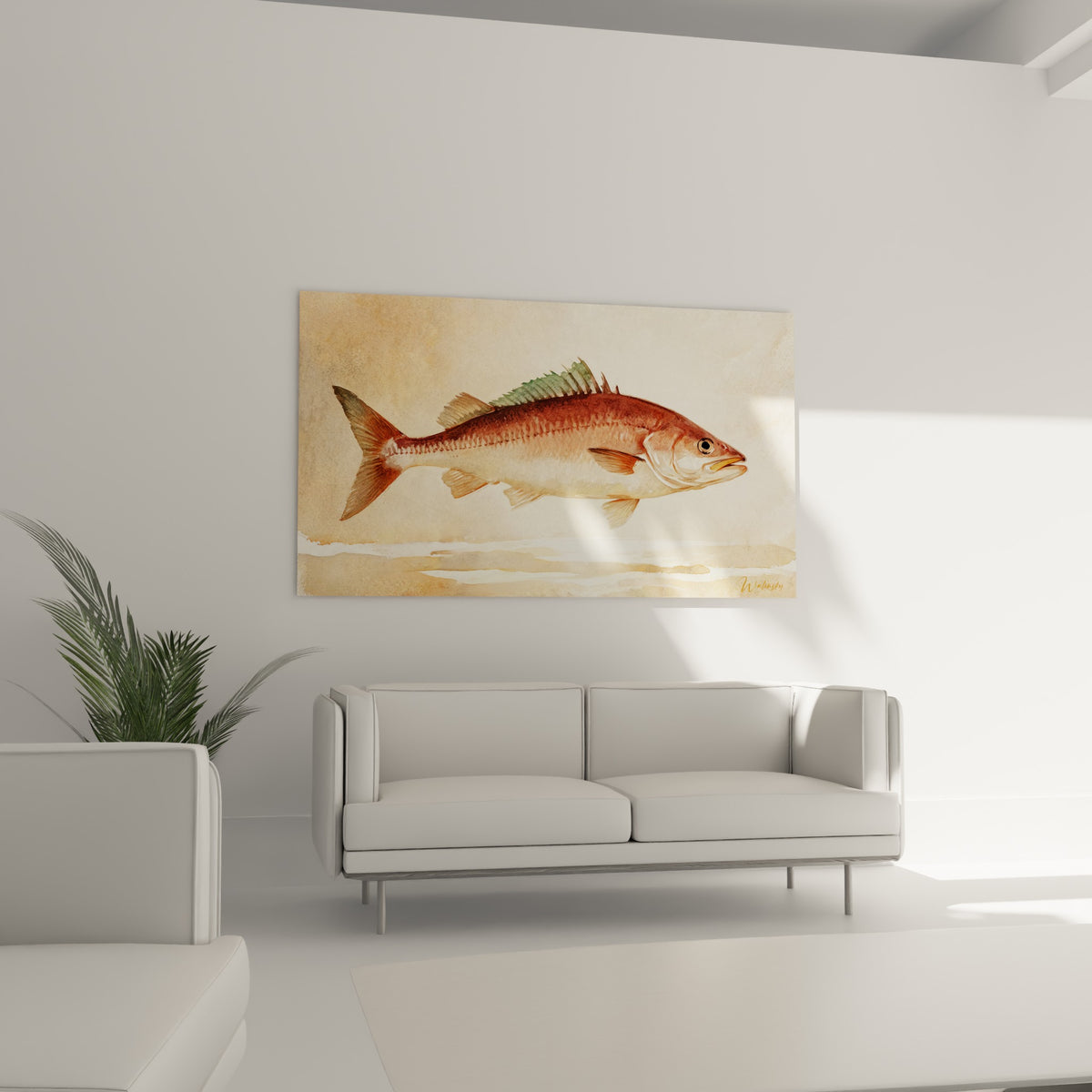 Silhouette de barracuda ocre à nageoire verte accrochée au-dessus d'un canapé dans un salon lumineux
