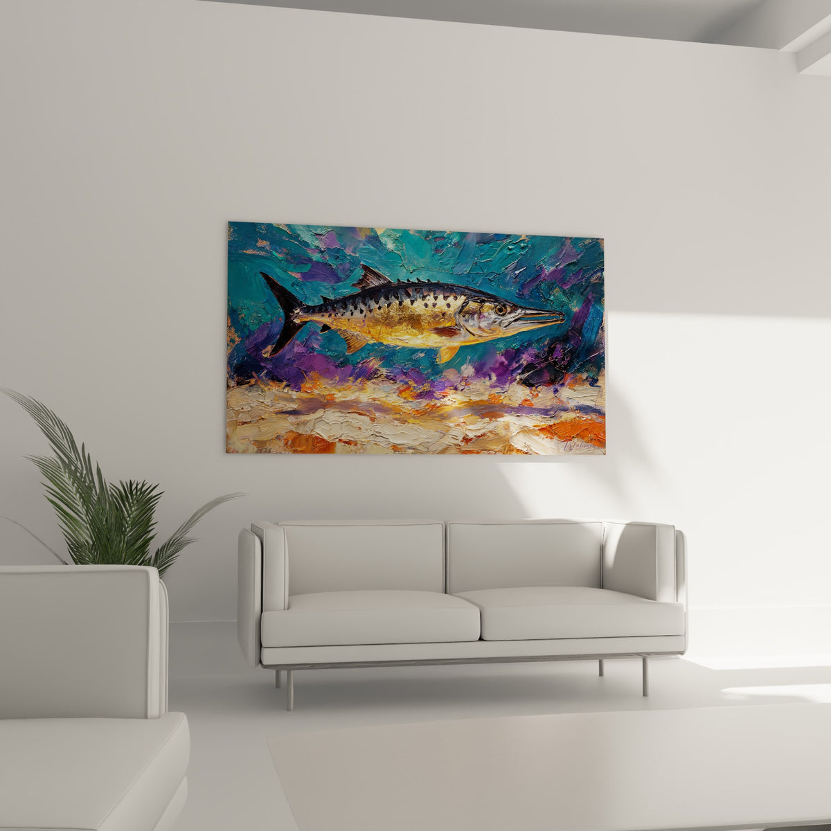 Corps élancé du barracuda ocre et bleu turquoise au-dessus d'un canapé dans un salon lumineux