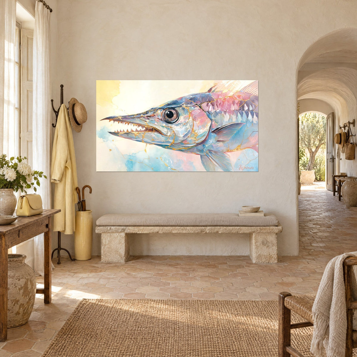 Quadro pesce predatore dalle mascelle dentate, azzurro cielo, rosa cipria e oro, in un corridoio a volta di masseria