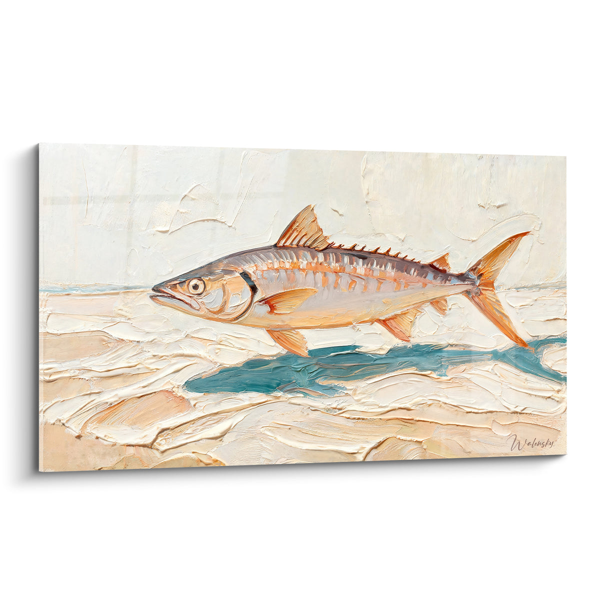 Barracuda orange et anthracite peint en relief sur fond crème texturé façon écume