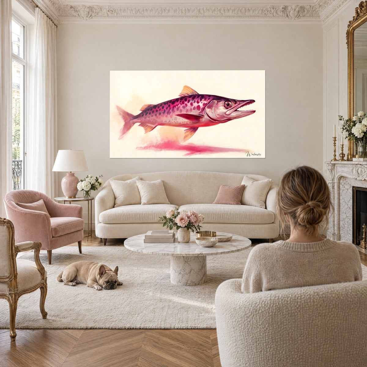 Wall art fuchsia predatory fish with speckled scales and toothy mouth, cream background, above a sofa in a bright living room