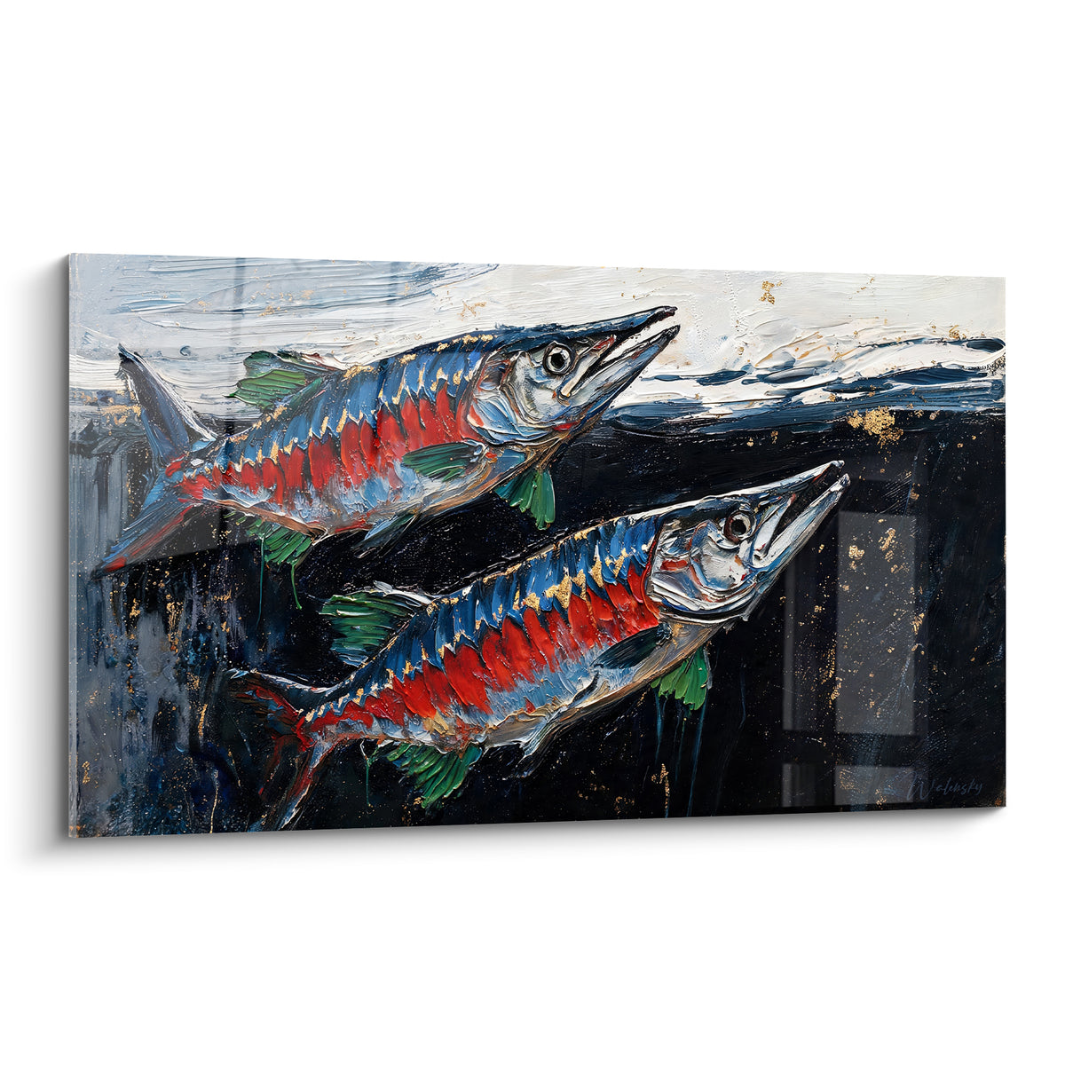 Barracuda rouge et bleu jaillissant sur fond noir, empâtements dorés et nageoires vert émeraude marquées