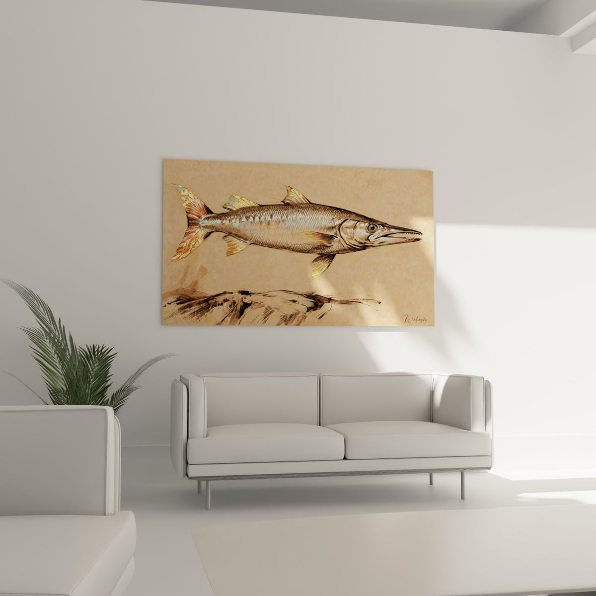 Silhouette du barracuda aux nageoires dorées au-dessus d'un canapé dans un salon lumineux