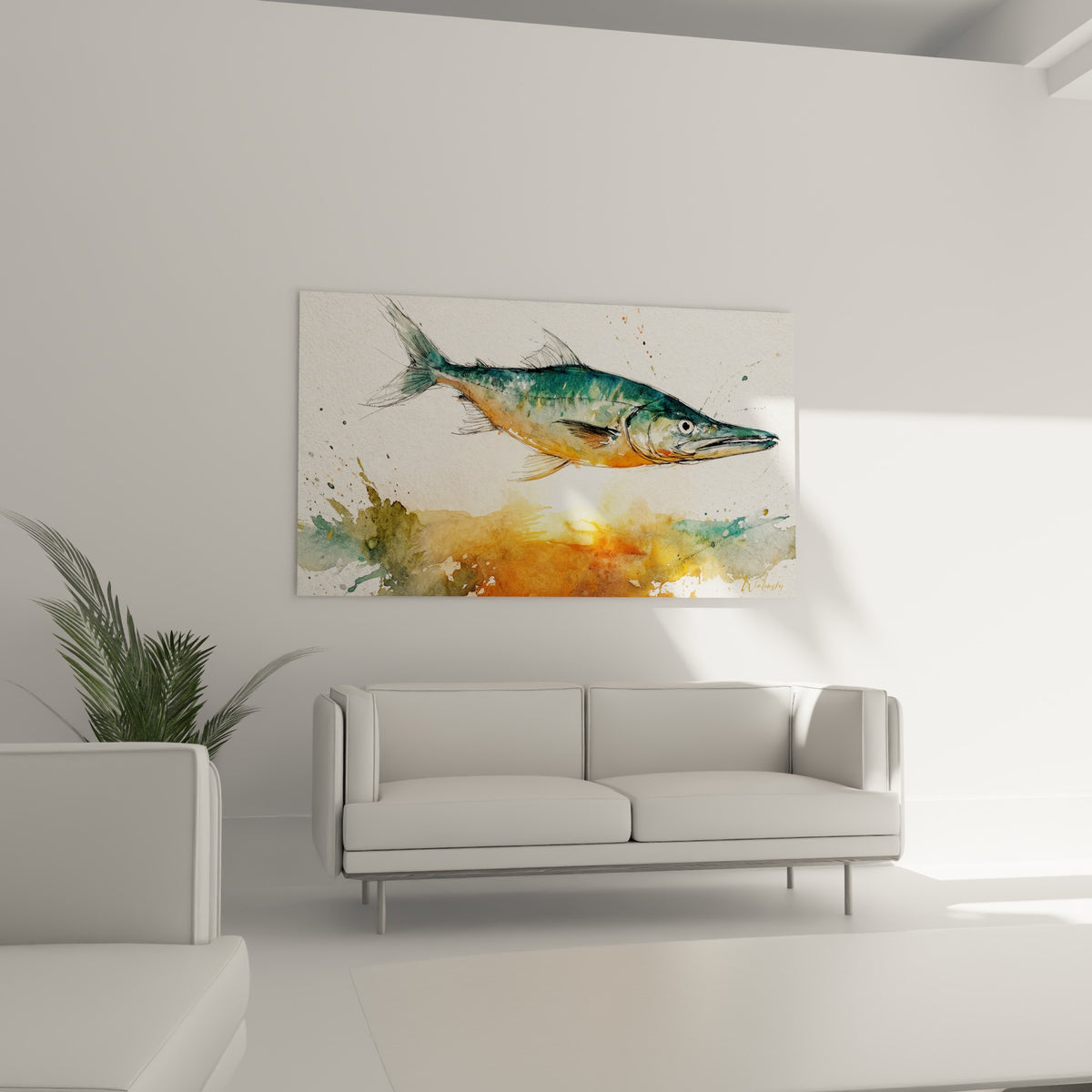 Silhouette de barracuda ocre et émeraude en aquarelle, suspendue au-dessus d'un canapé dans un salon lumineux