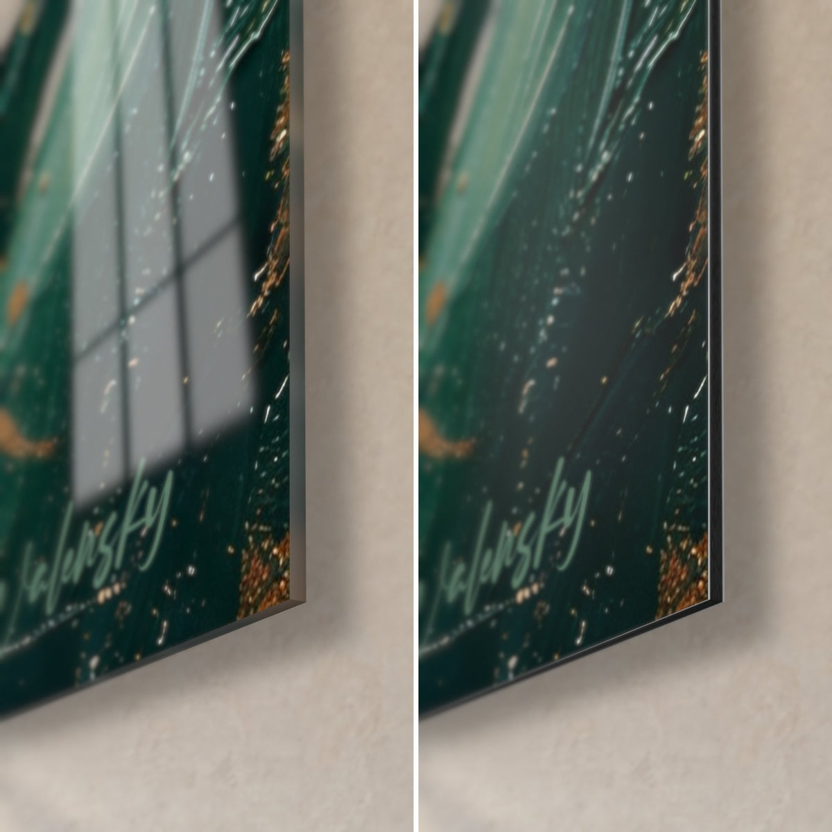 Tableau prédateur marin vert sapin et bordeaux, coin bas droit : verre acrylique brillant à gauche, Dibond mat à droite