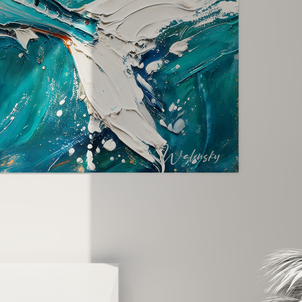 Empâtements épais de bleu marine et d'orange vif révélant la matière peinte du tableau Barracuda