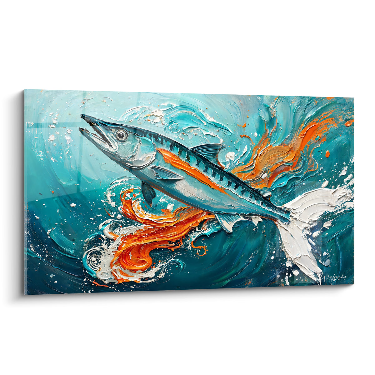 Barracuda turquoise et orange incandescent jaillissant dans un tourbillon d'écume blanche