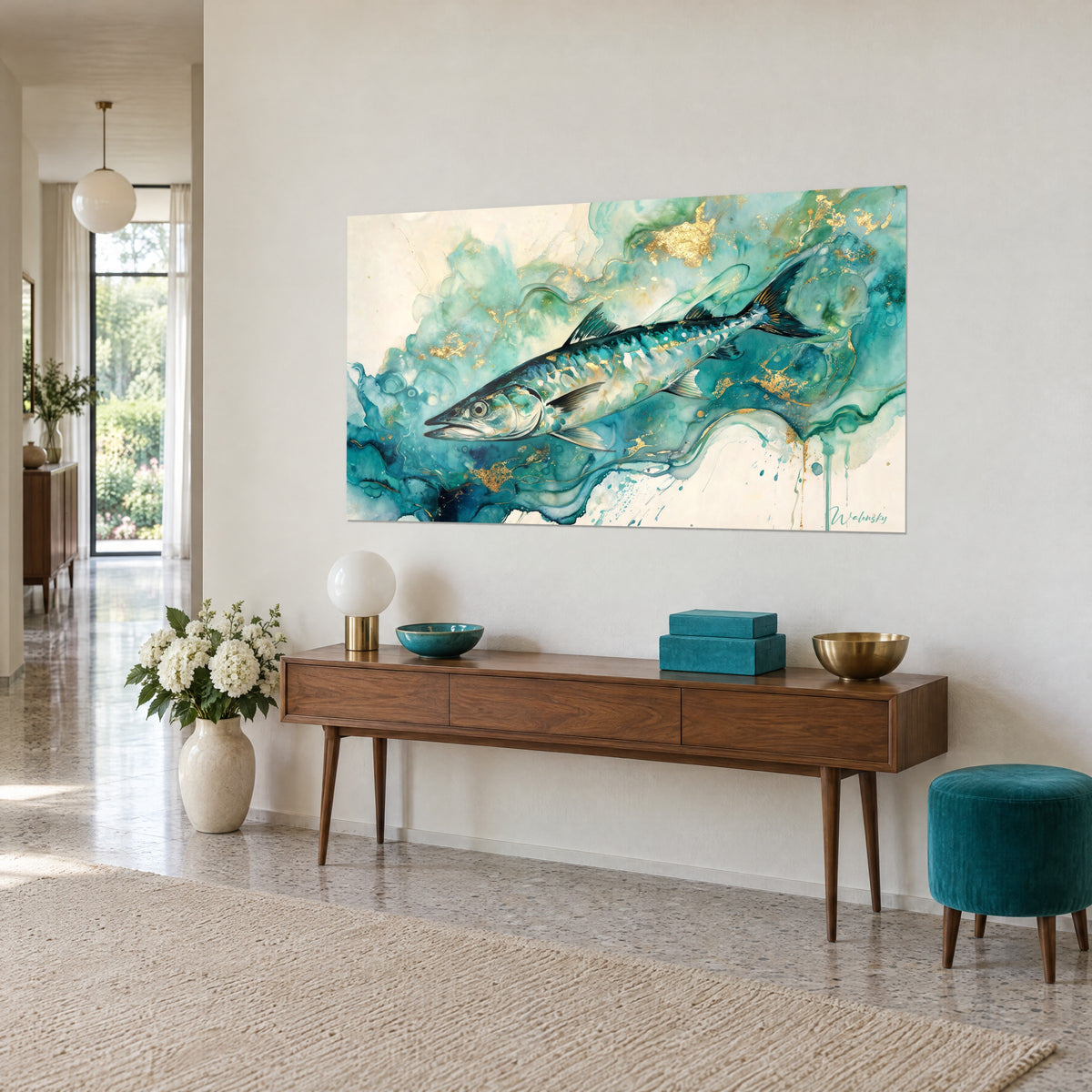 Tableau poisson fuselé aux écailles vert-bleu et paillettes d'or, aquarelle marine sur console en bois, maison années 50
