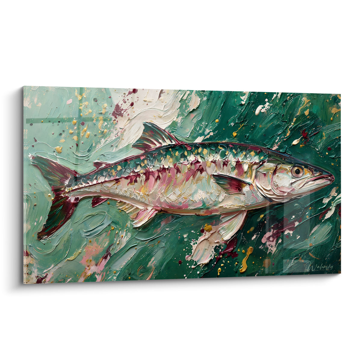 Barracuda vert émeraude et rose poudré nageant, empâtements dorés et fond marin texturé