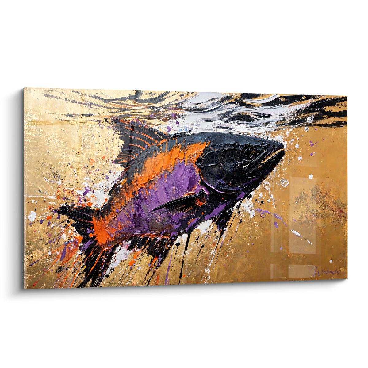 Barracuda peint en violet et orangé sur fond doré, dans un style expressionniste au couteau