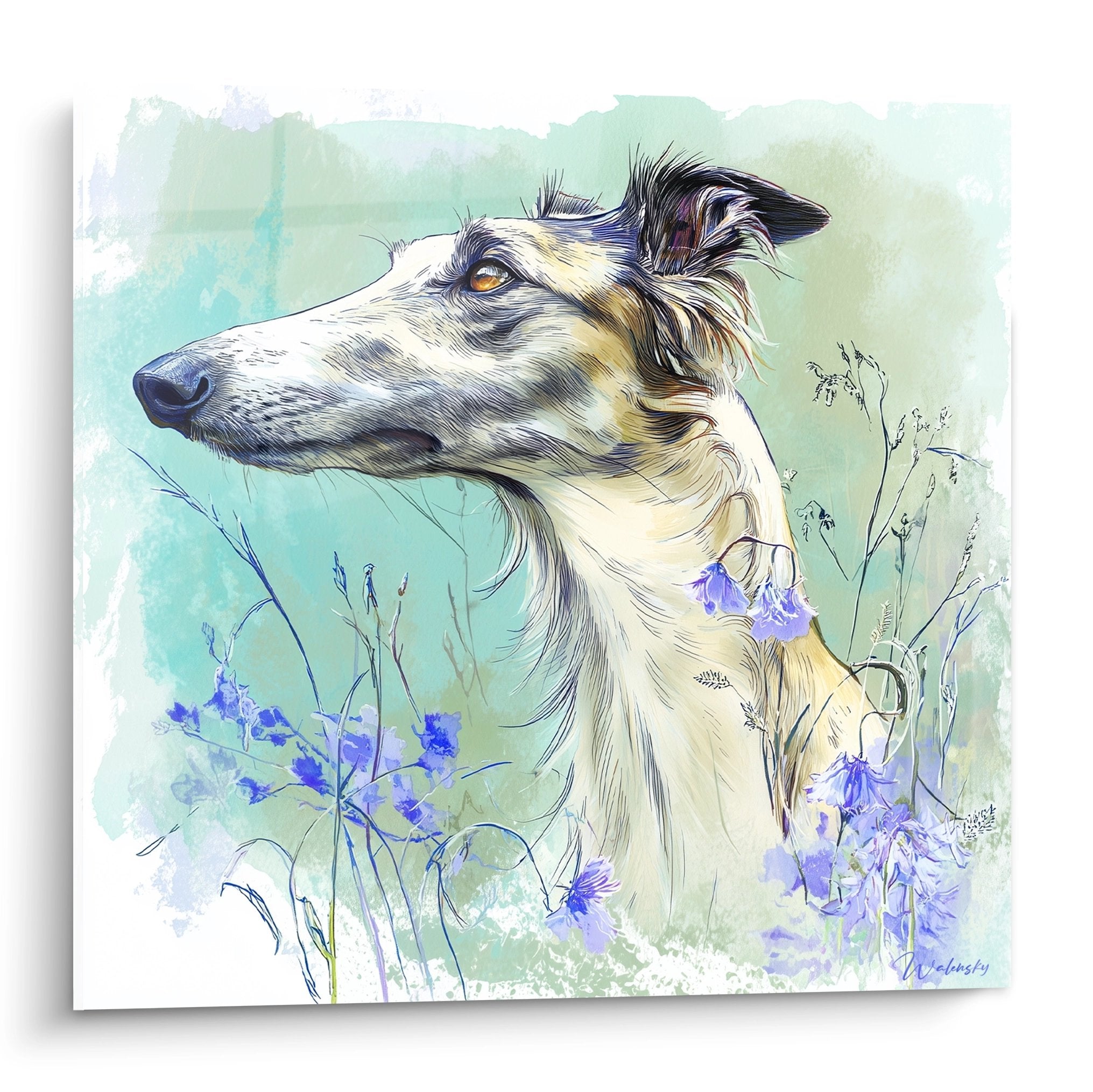 Portrait aquarelle Barzoi élégant entouré fleurs bleues, technique pastel délicate sur fond vert tendre