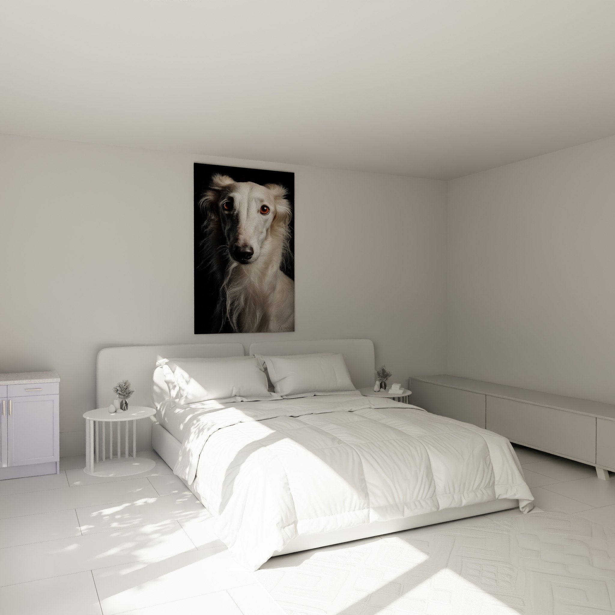 Tableau Barzoi blanc dans chambre moderne, décoration murale chien élégant ambiance raffinée