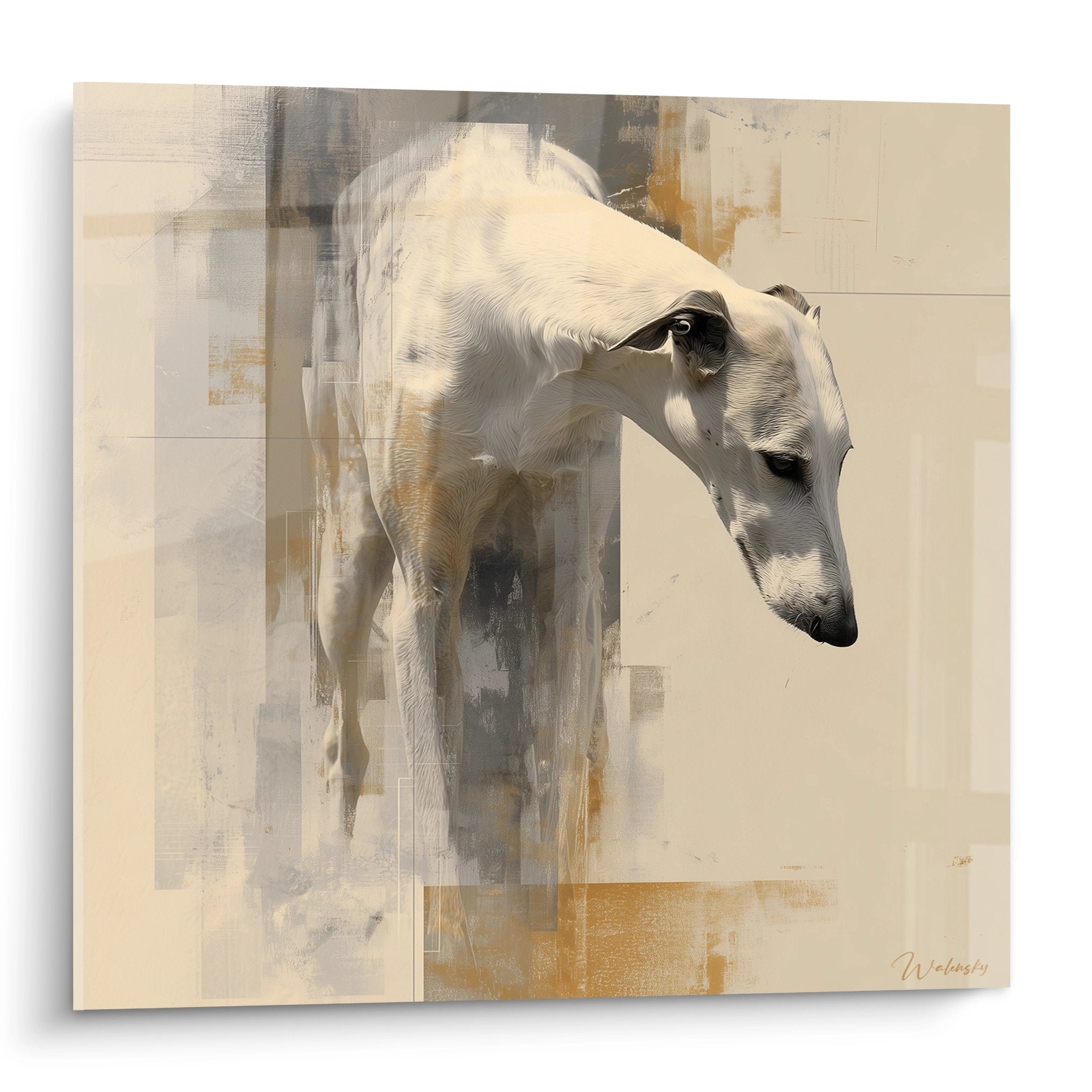Portrait artistique d'un Barzoi blanc sur fond abstrait beige et ocre, style moderne contemporain