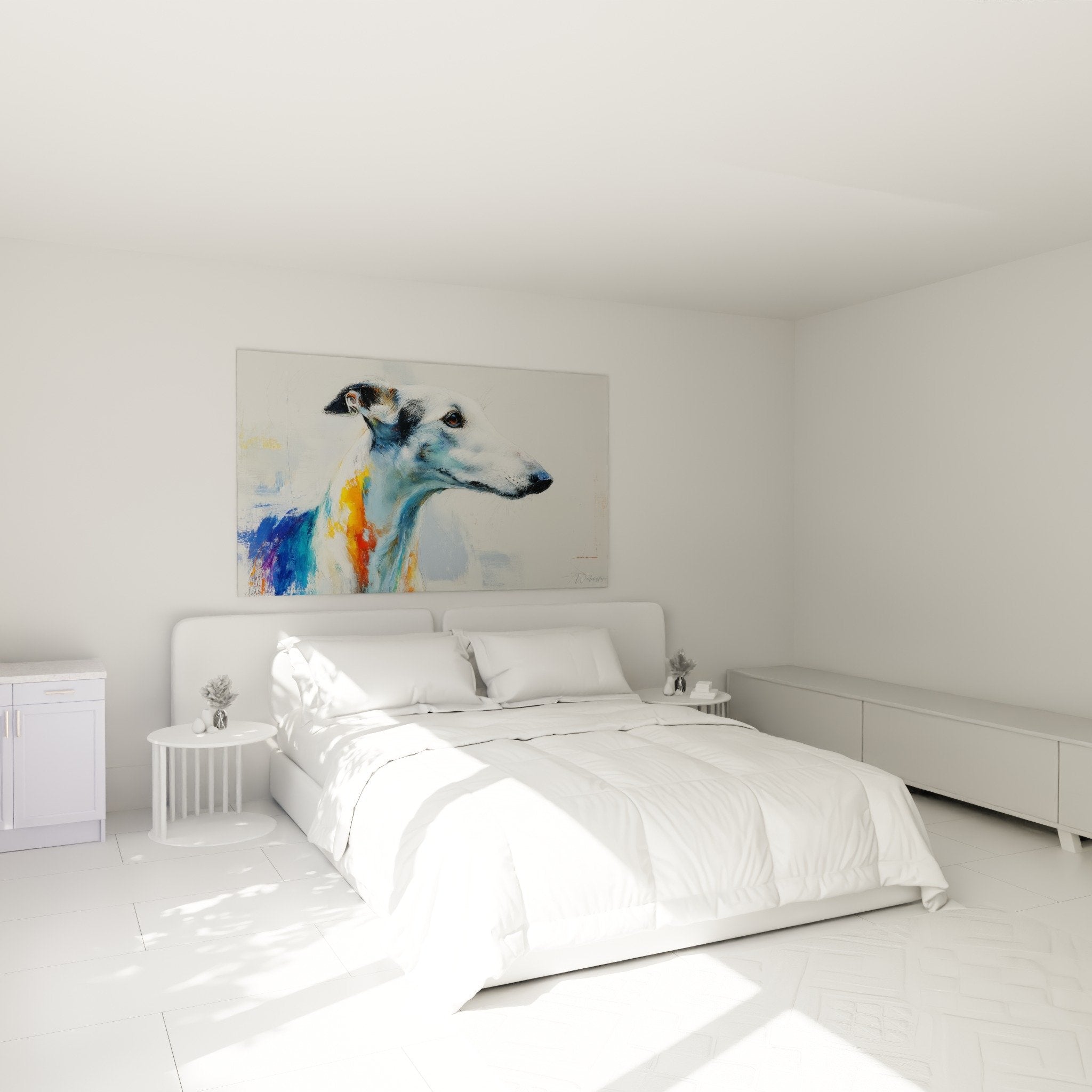 Tableau Barzoi contemporain dans chambre moderne, decoration murale artistique aux couleurs vives
