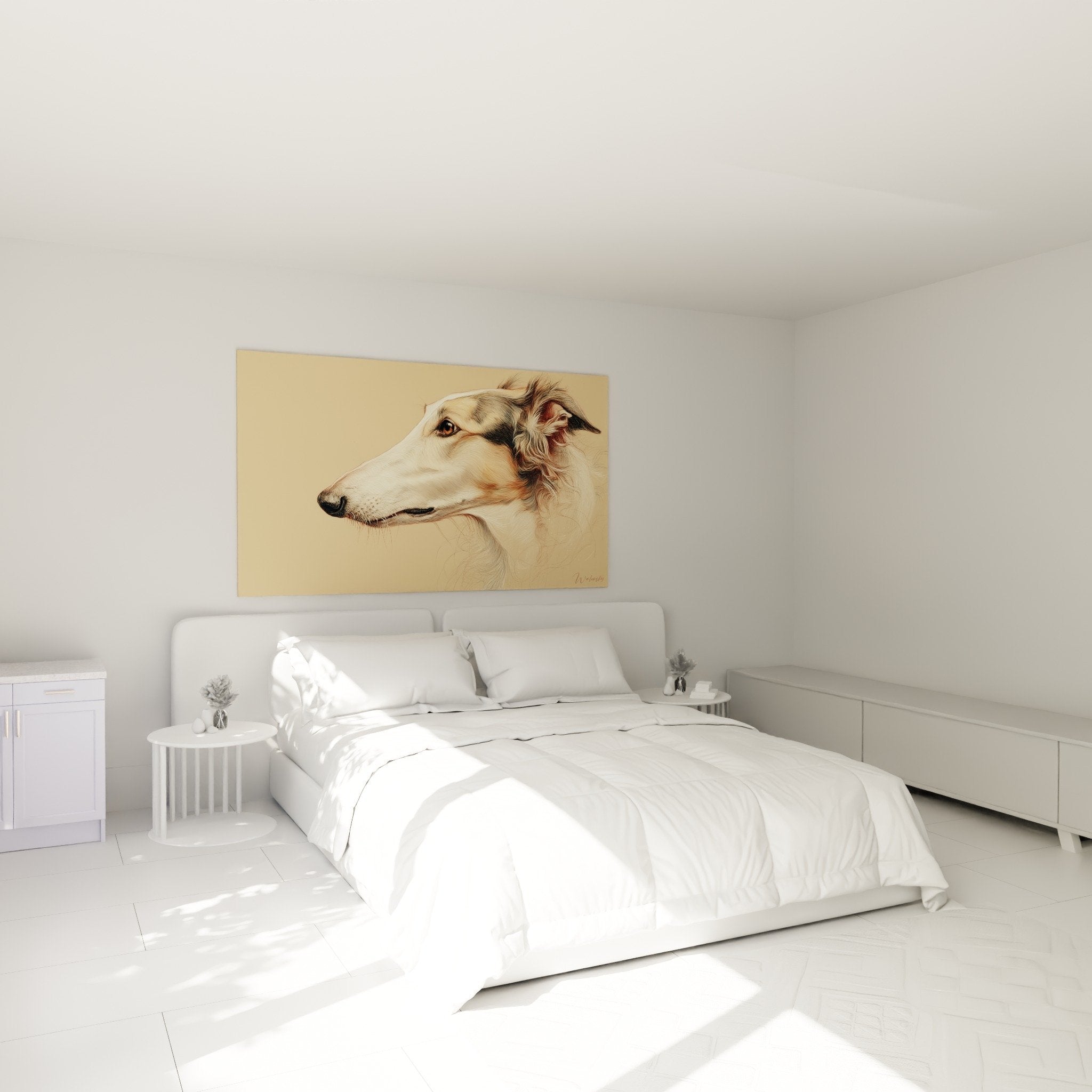 Tableau portrait Barzoi doré dans chambre moderne, décoration murale lévrier élégant ambiance cosy