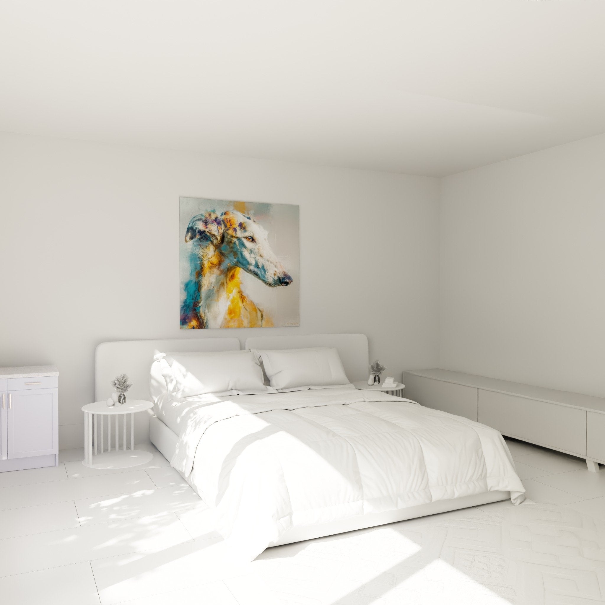 Tableau portrait Barzoi doré turquoise accroché dans chambre contemporaine aux murs blancs et mobilier épuré