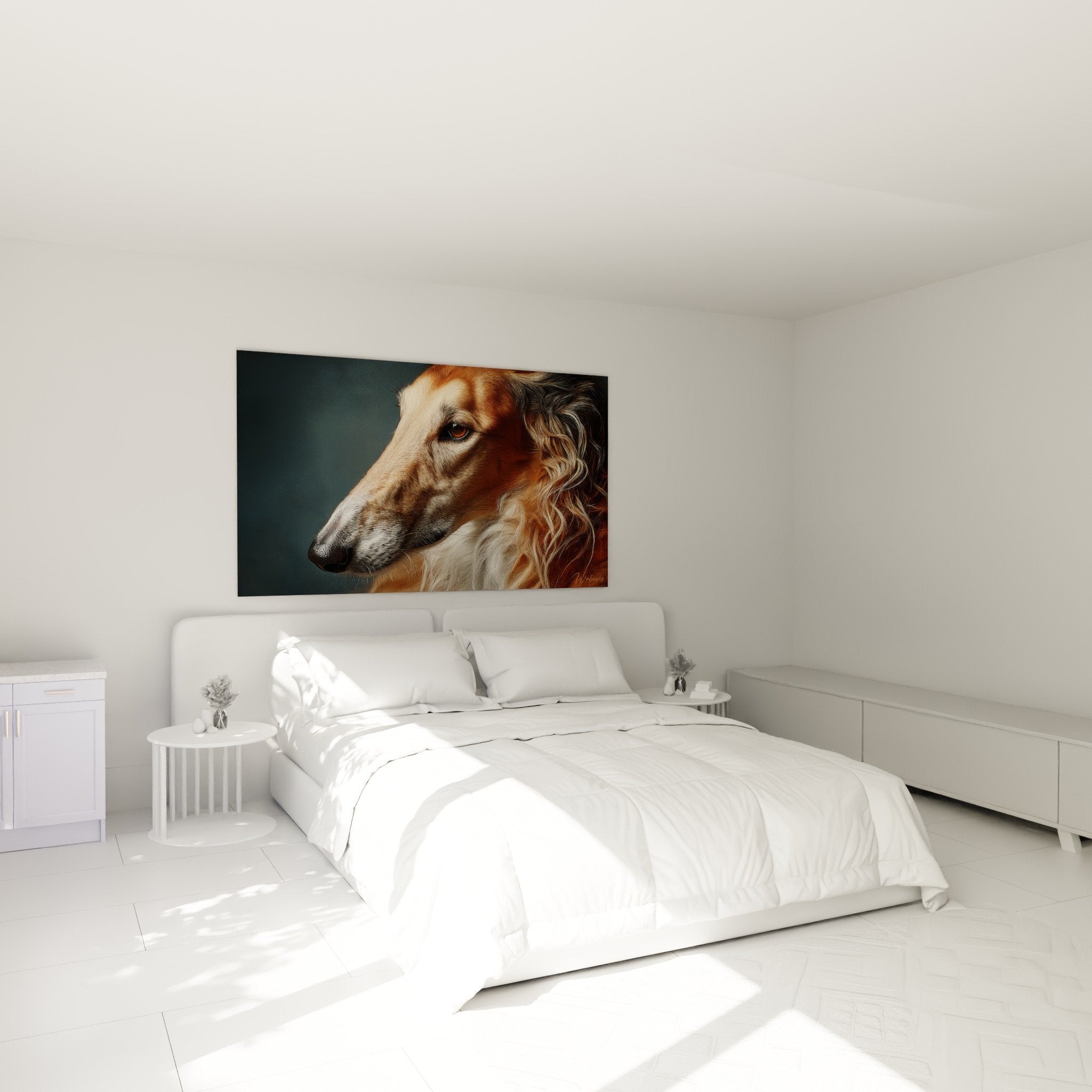 Tableau portrait Barzoi doré accroché au-dessus d'un lit dans chambre moderne aux tons neutres