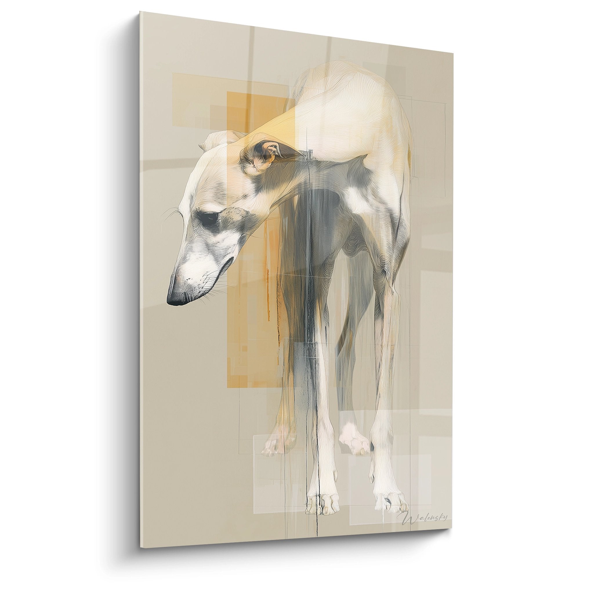 Tableau moderne de Barzoi aux tons beiges et dorés avec formes geometriques translucides sur fond architectural